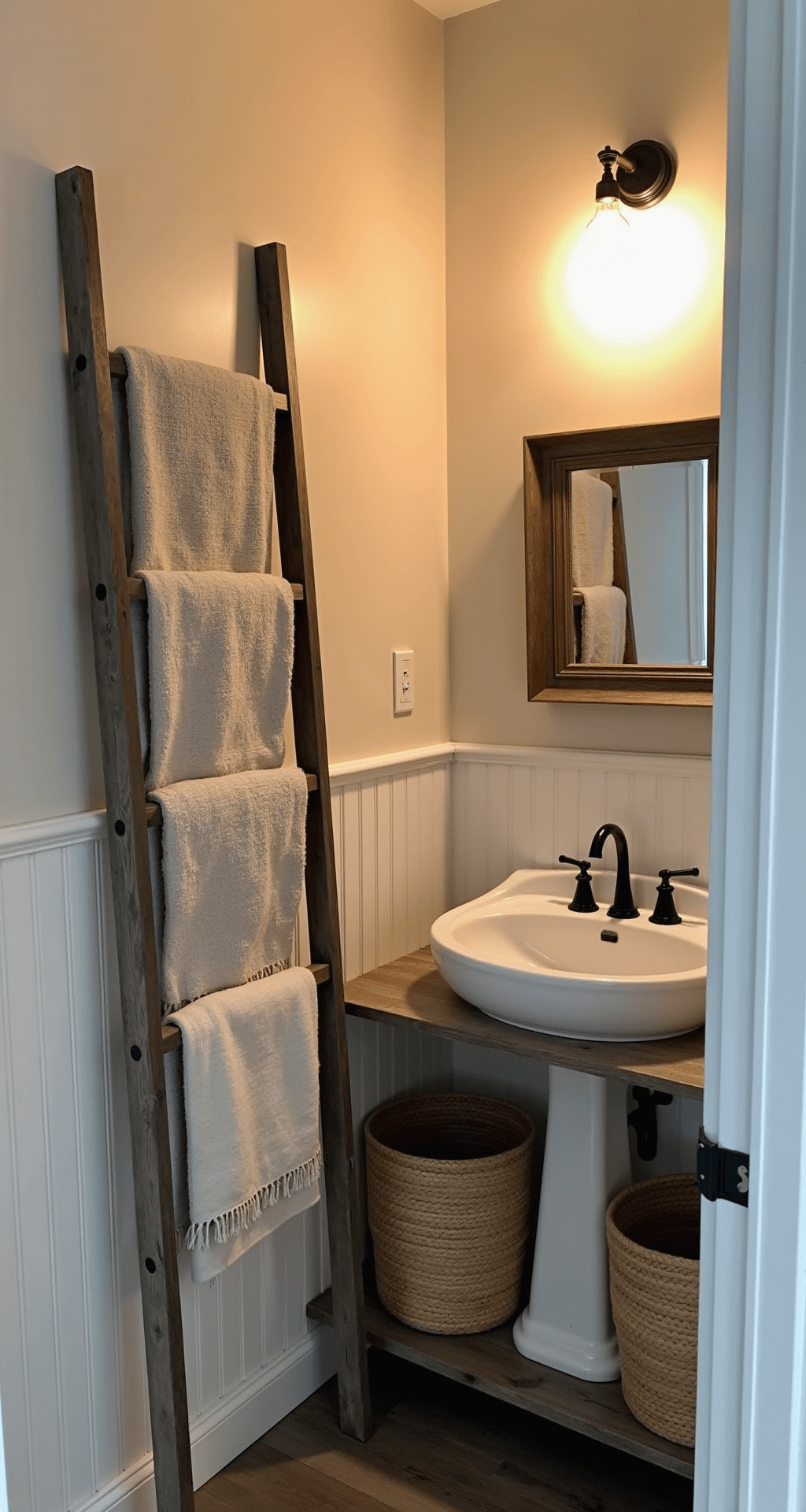 Farmhouse Bathroom Decor: Transform Your Space with Rustic Charm and Timeless Elegance Interior view of a cozy farmhouse powder room at dusk, featuring cream-colored walls with beadboard wainscoting, matte black hardware, a white pedestal sink with brass fixtures, and a warm glow from an Edison bulb sconce. A weathered wooden ladder holds neutral linen towels, and woven seagrass baskets are positioned under a floating barnwood shelf, all captured in a low-angle shot emphasizing vertical space and layered textures.