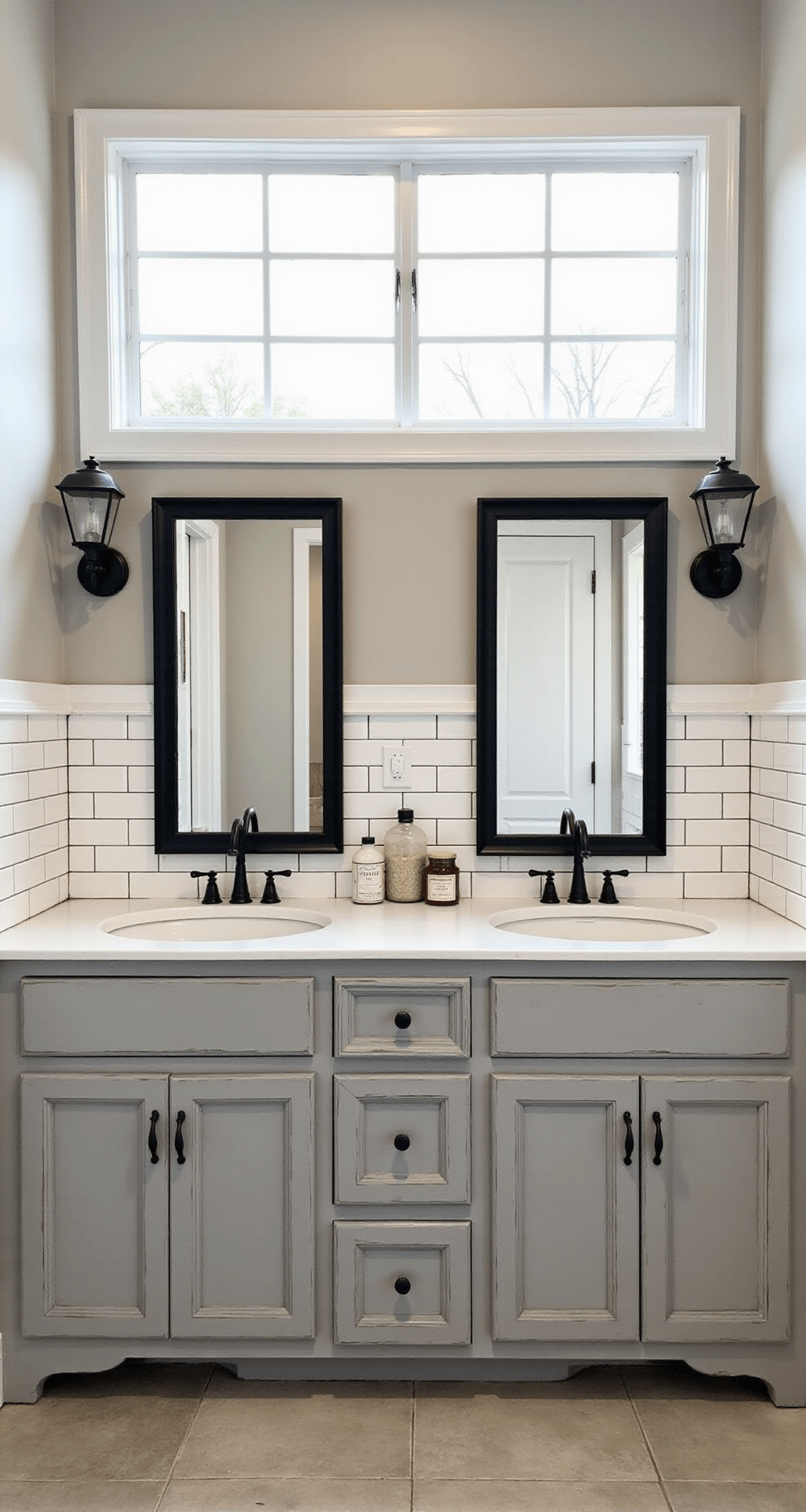 Farmhouse Bathroom Decor: Transform Your Space with Rustic Charm and Timeless Elegance A cozy master farmhouse bathroom with morning light filtering through frosted window panes, featuring white subway tiles, a distressed gray double vanity, black-framed mirrors, and vintage apothecary jars.