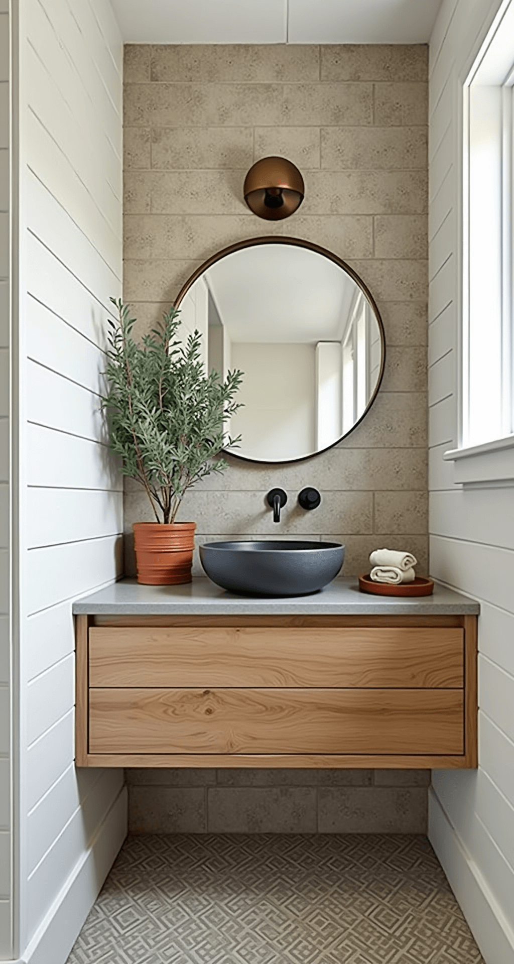 Farmhouse Bathroom Decor: Transform Your Space with Rustic Charm and Timeless Elegance An intimate corner view of a farmhouse guest bath featuring warm white shiplap, patterned cement tiles, a natural oak floating vanity with a vessel sink, a matte black faucet, a macramé wall hanging, a round brass mirror, and a terracotta pot with fresh eucalyptus, captured from hip height.