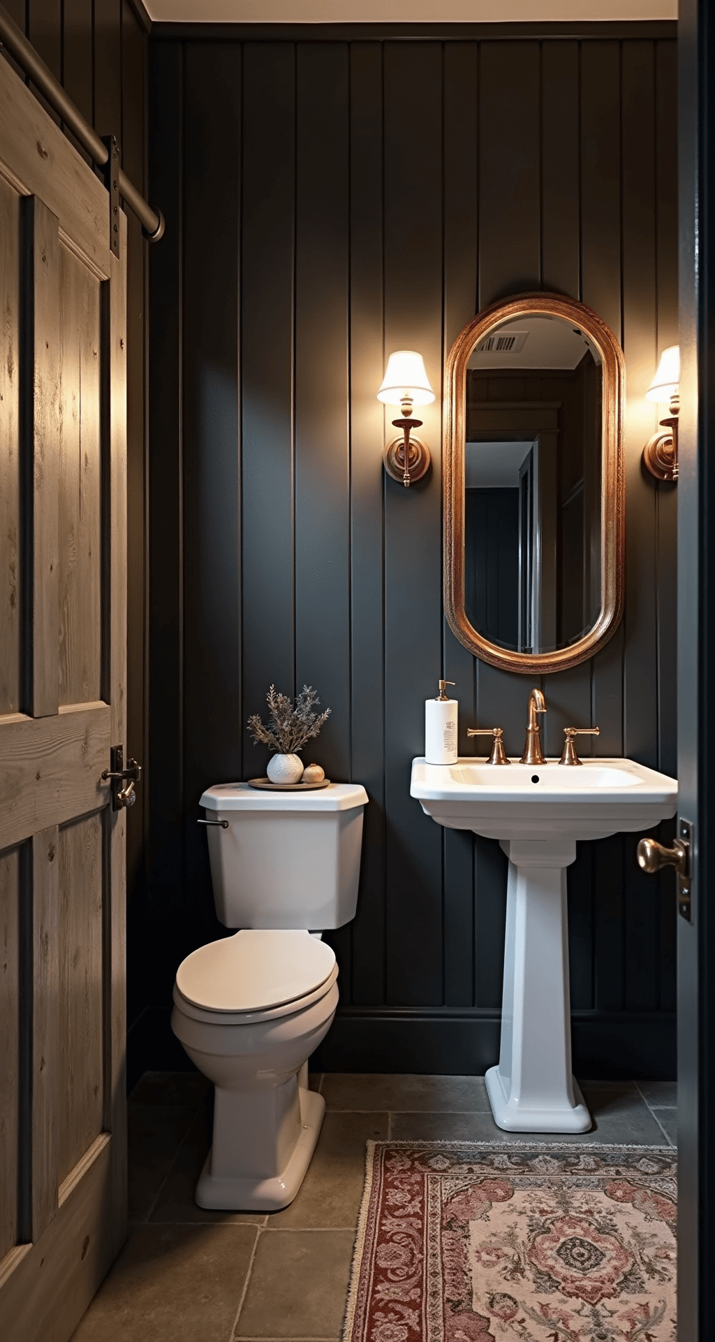 Farmhouse Bathroom Decor: Transform Your Space with Rustic Charm and Timeless Elegance Moody farmhouse bathroom featuring deep charcoal board and batten walls, white porcelain fixtures, warm copper sconces, antiqued brass mirror, and a weathered wood barn door, with a vintage rug on slate flooring and dramatic side lighting.