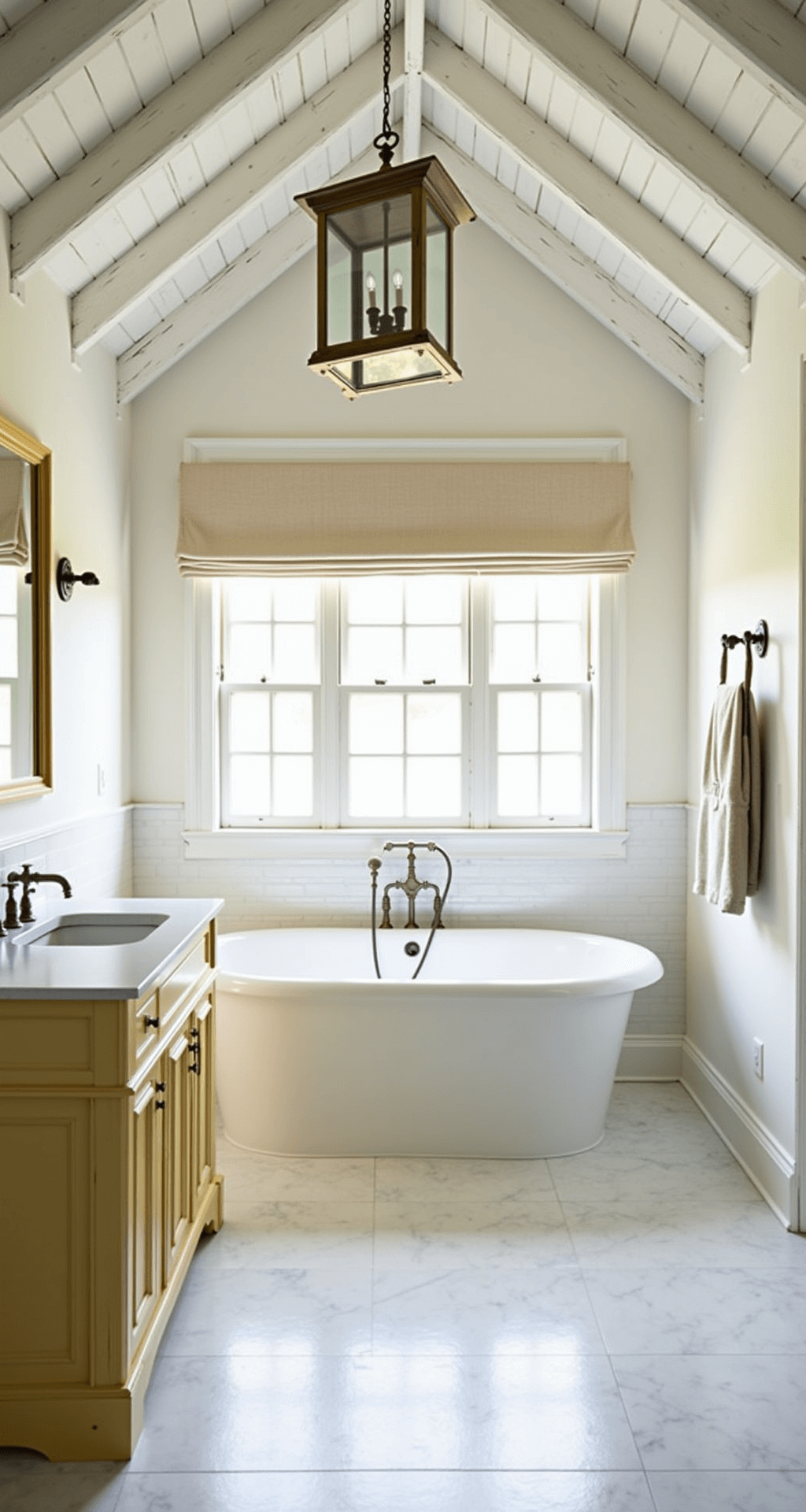 Farmhouse Bathroom Decor: Transform Your Space with Rustic Charm and Timeless Elegance A bright morning view of a farmhouse primary bath featuring a vaulted ceiling with exposed whitewashed beams, a pendant lantern above a freestanding soaking tub, a large window wall, marble herringbone floor tiles, a custom butter cream yellow vanity, a vintage grain sack roman shade, and mixed metal fixtures in brushed nickel and aged brass.