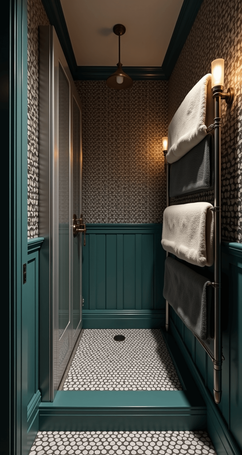 Vintage Bathroom Decor: Transform Your Space with Timeless Charm A twilight bathroom featuring 1920s architectural details, with deep teal walls and black and white penny tiles. A nickel-plated shower frame with ribbed glass panels stands prominently, while vintage train racks display cream and charcoal towels. Art deco sconces illuminate the textured wallpaper, creating a dramatic film noir atmosphere.