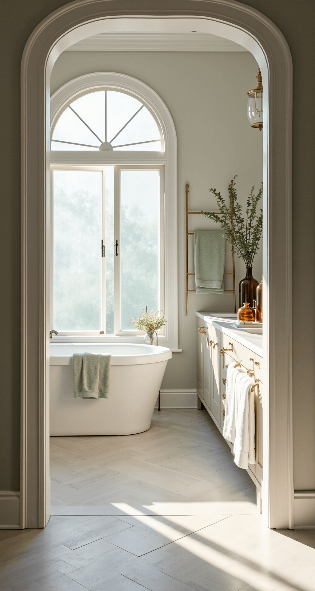 A serene and sophisticated master bathroom featuring a freestanding oval tub, brass towel ladder with neatly folded Turkish cotton towels, marble countertops adorned with amber glass vessels and eucalyptus, and a herringbone cream limestone tile floor, all bathed in morning sunlight and soft pendant lighting.