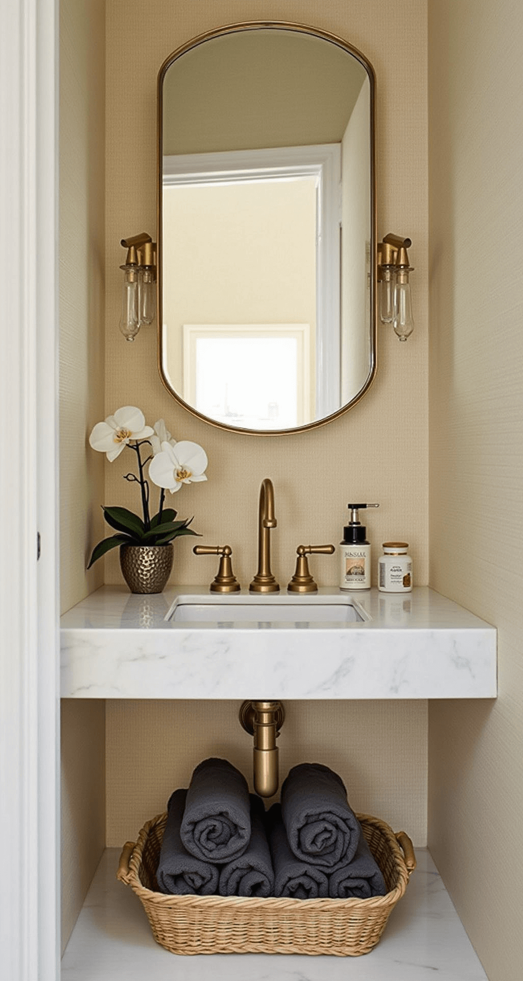 An elegant powder room featuring a vintage brass mirror reflecting warm light on cream grasscloth wallpaper. A marble shelf displays a white orchid and crystal perfume bottles, while charcoal gray Turkish towels are neatly arranged in a rattan basket below. The color palette includes charcoal, cream, and brass with soft blush accents, capturing a mood of elegant minimalism.