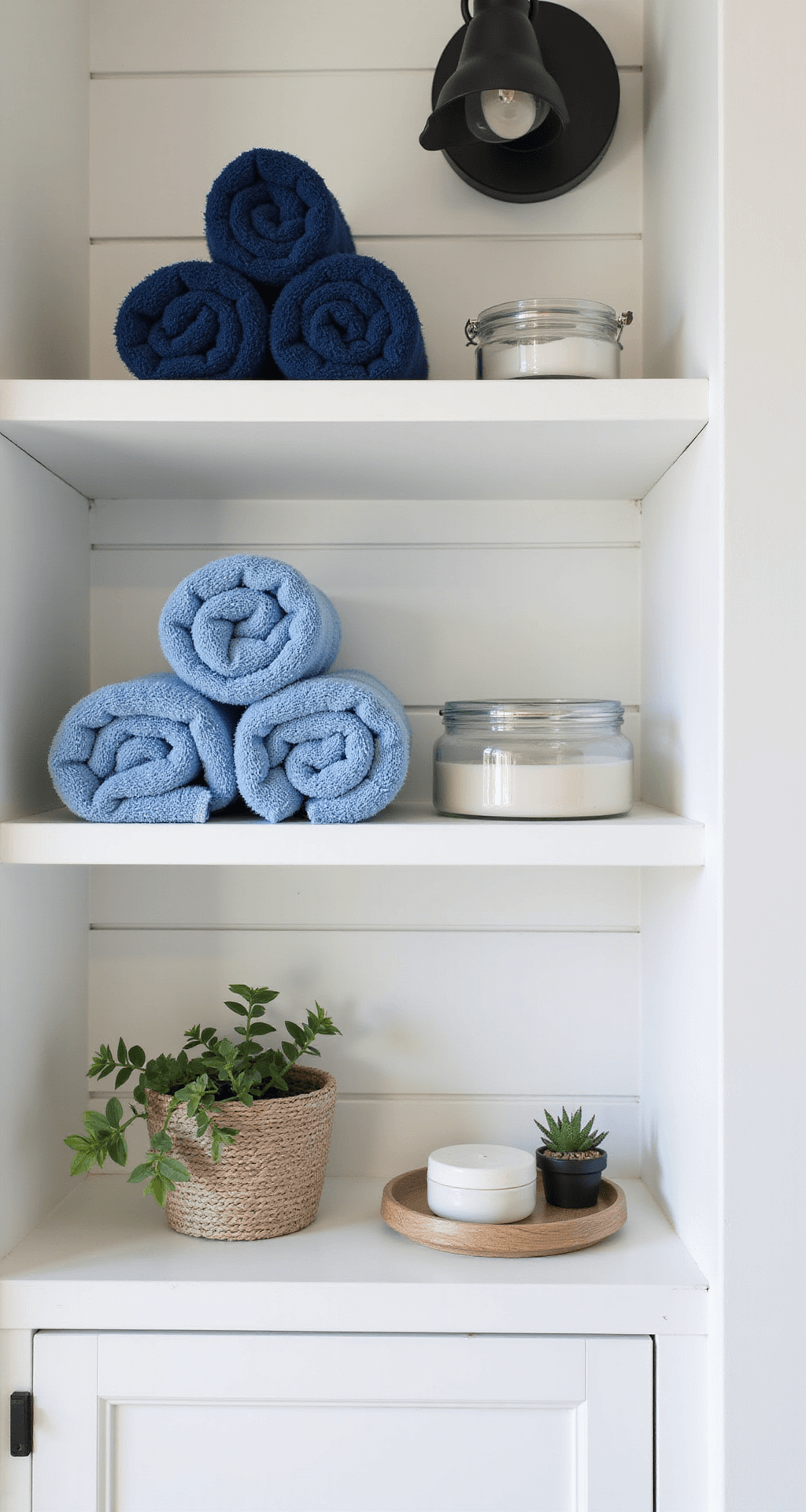 A contemporary family bathroom featuring white shiplap walls and built-in shelving. The afternoon light illuminates rolled towels in shades of blue on floating shelves, with matte black hardware and clear glass canisters for bath essentials. A potted succulent adds a natural element, while modern sconces cast dramatic shadows.