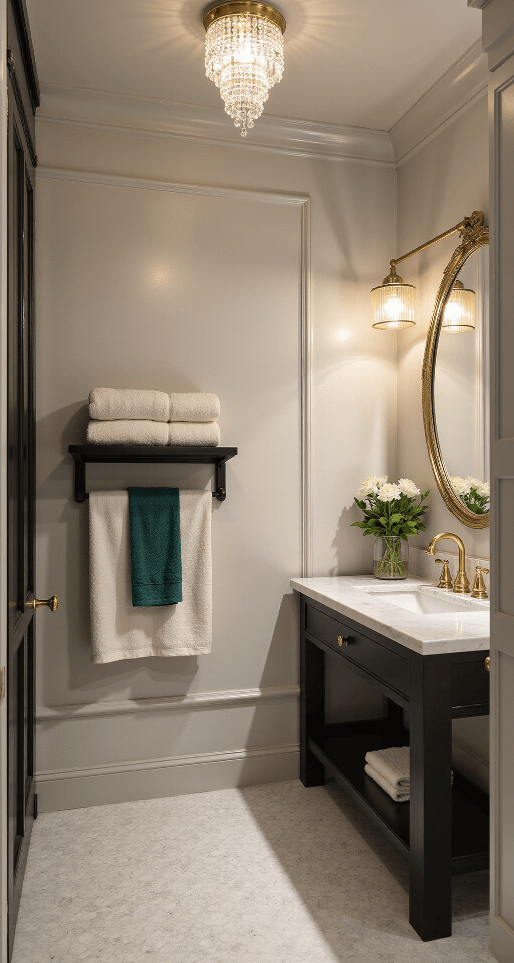 Boutique hotel-style guest bathroom featuring floor-to-ceiling marble tiles, plush ivory towels on a matte black towel bar, intricate shadows from a crystal chandelier on hexagon floor tiles, a gold-rimmed mirror and fixtures, and rich emerald accent towels, all bathed in evening light for a luxe sophistication ambiance.