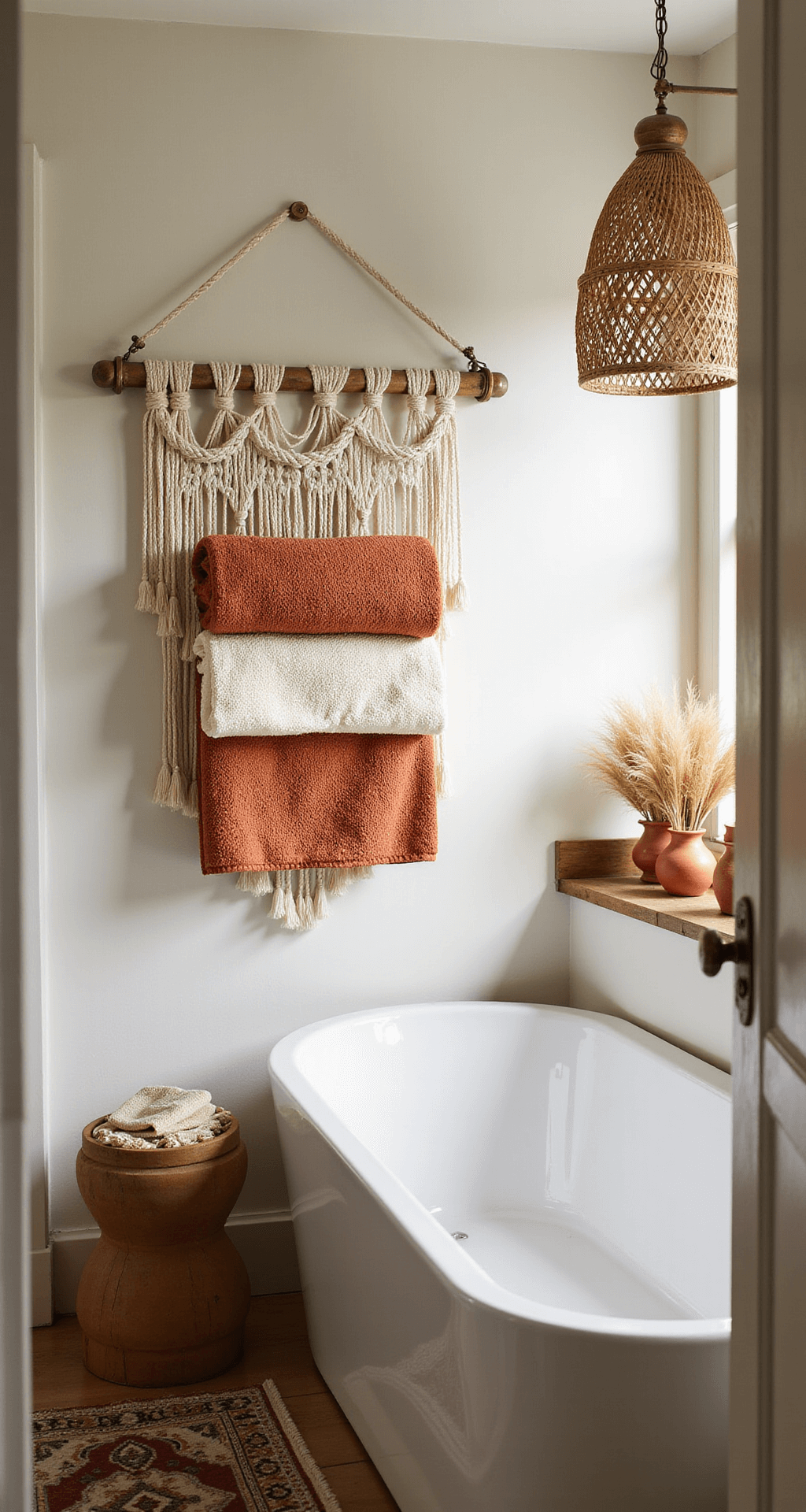 A cozy bohemian primary bathroom features a tub perspective with macramé wall hanging above a vintage brass towel rack, showcasing layered terra cotta and cream towels. A floating wooden shelf displays ceramic vessels and dried pampas grass, while Moroccan-inspired floor tiles in earthy tones complete the artistic, eclectic ambiance. A rattan pendant light casts warm, organic shadows in the morning light.