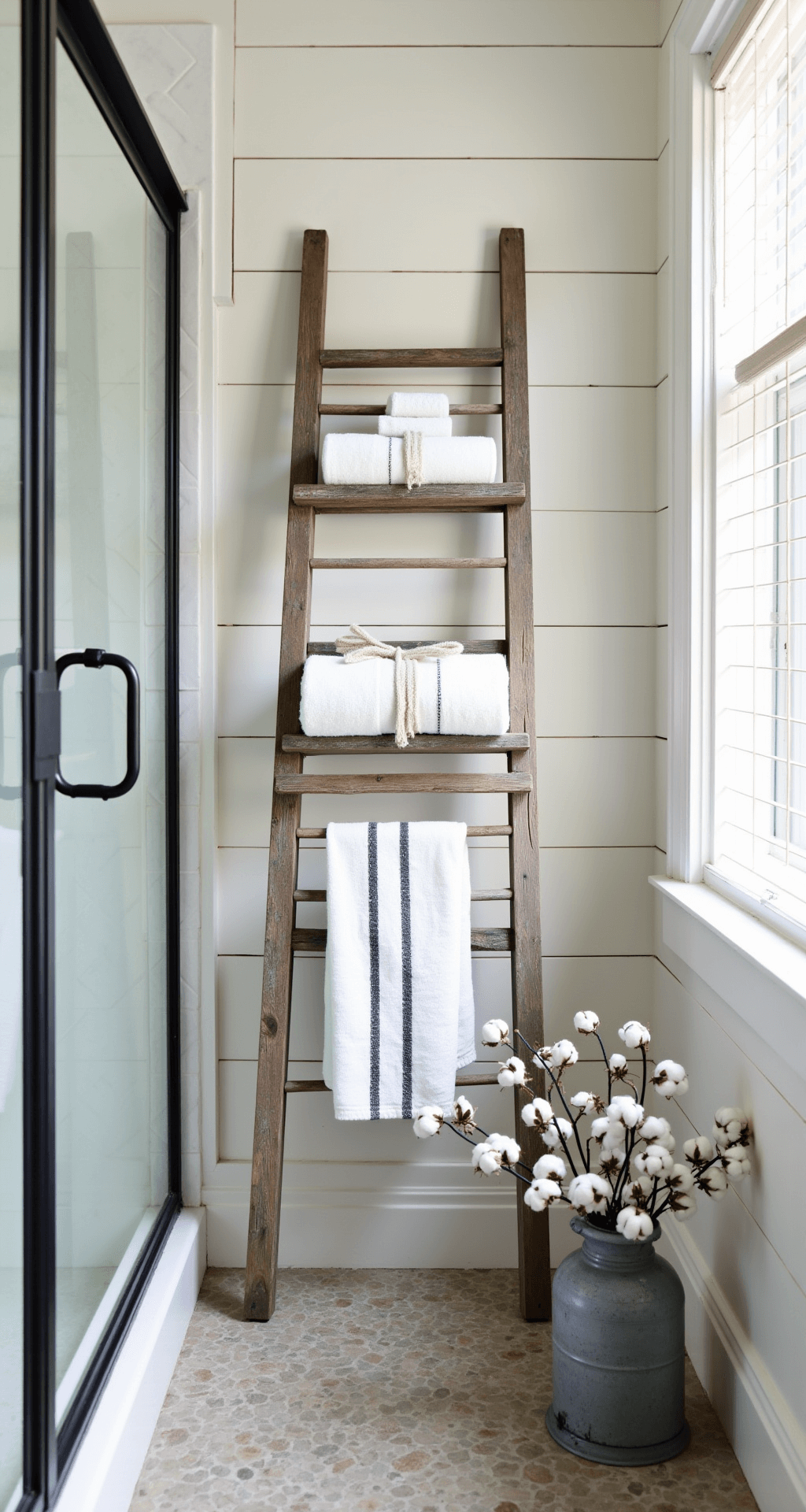 A modern farmhouse bathroom featuring white shiplap walls, a black steel-frame shower door, and an antique ladder repurposed for towel storage, with neatly rolled white and charcoal striped towels. Galvanized metal accessories and fresh cotton stems in a ceramic pitcher complement the rustic refinement of the space, beautifully illuminated by natural light.