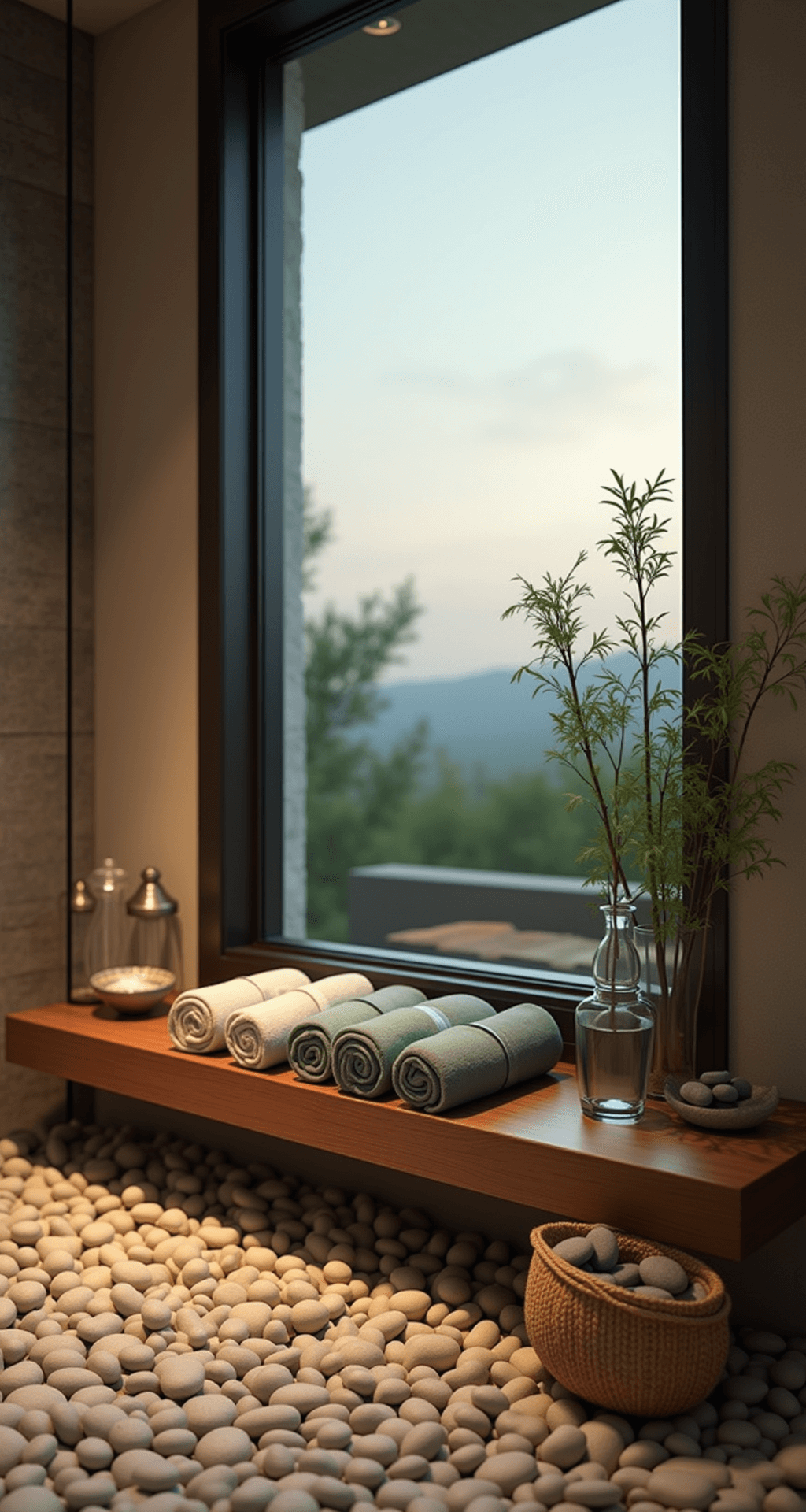 Zen-inspired bathroom featuring a floating teak bench with bamboo towels, river rock shower floor, potted bamboo, and natural fiber basket with hand towels, all illuminated by soft LED lighting for a tranquil ambiance.