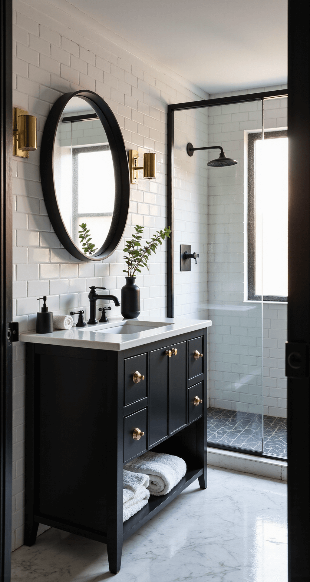 Designing a Stunning Black and White Bathroom: Your Ultimate Guide A modern bathroom featuring a black freestanding vanity with a white quartz top, white subway-tiled walls, herringbone marble floor tiles, a glass shower enclosure, and warm brass sconces, illuminated by morning light through a frosted window.