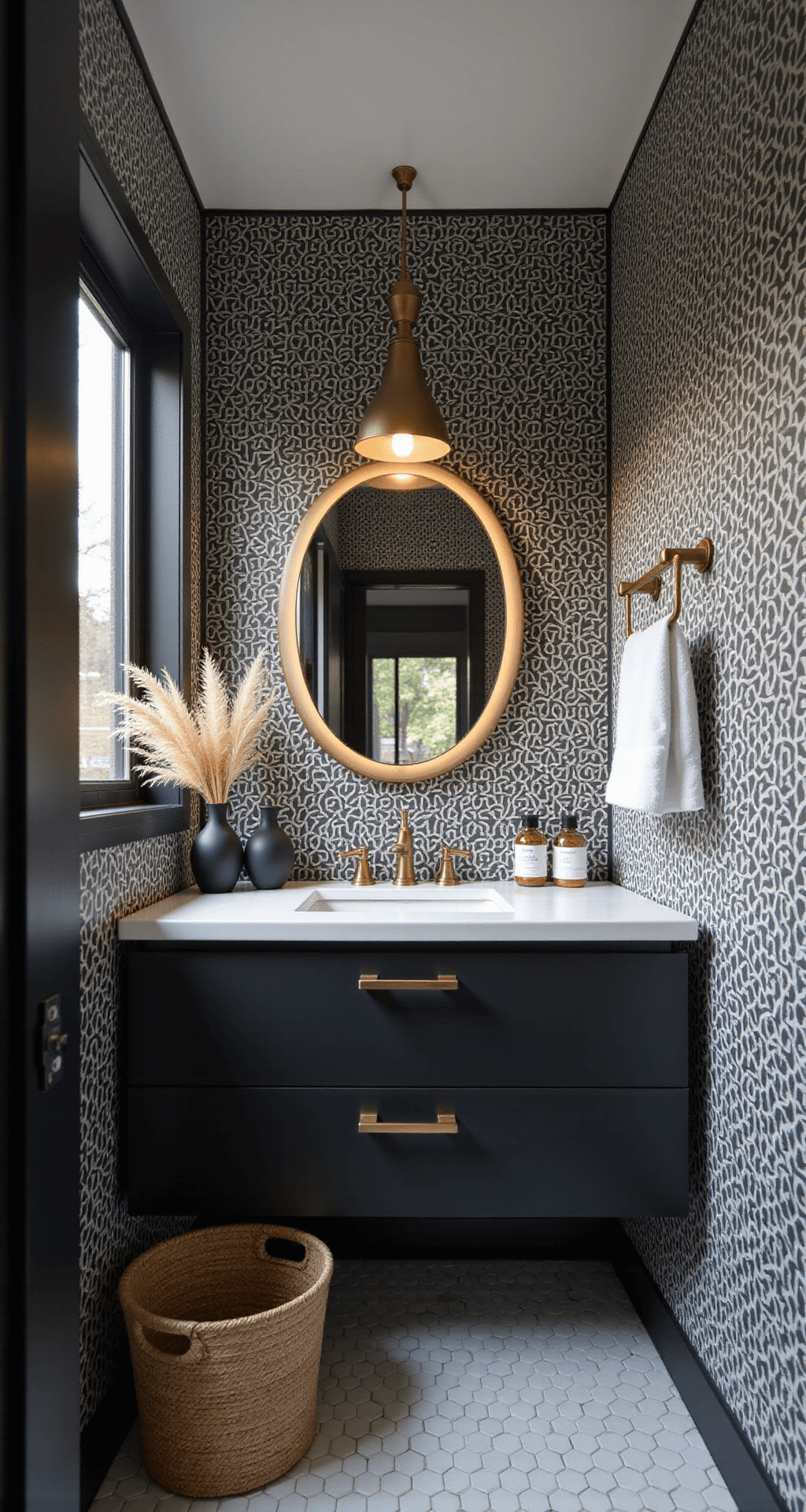 Designing a Stunning Black and White Bathroom: Your Ultimate Guide Intimate powder room with a geometric black and white wallpaper accent wall, featuring a modern matte black floating vanity above gradient hexagonal floor tiles, a round brass mirror, and decorative elements like a woven basket, white hand towels, and matte black vases with dried pampas grass, highlighted by soft afternoon light.
