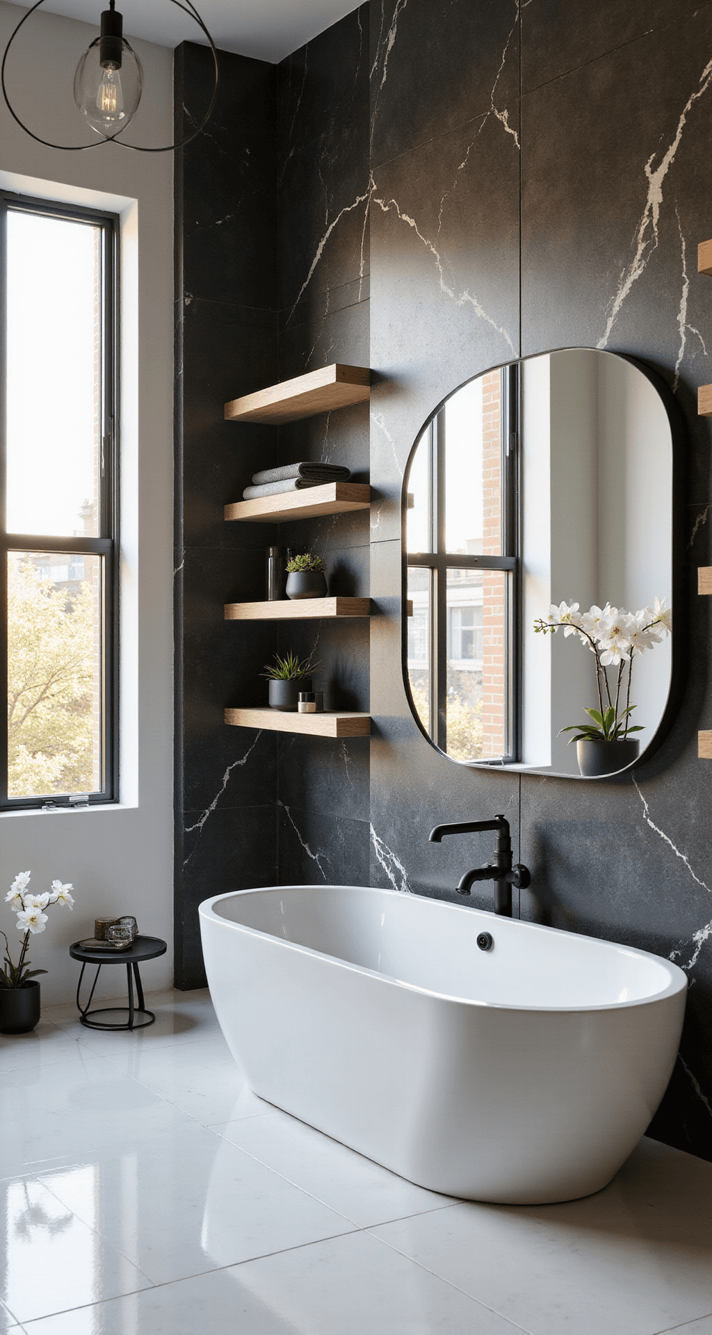 Designing a Stunning Black and White Bathroom: Your Ultimate Guide Corner view of a luxury master bathroom featuring a freestanding white soaking tub, black marble accent wall, and modern chandelier, with elegant decor and natural lighting from black-framed windows.
