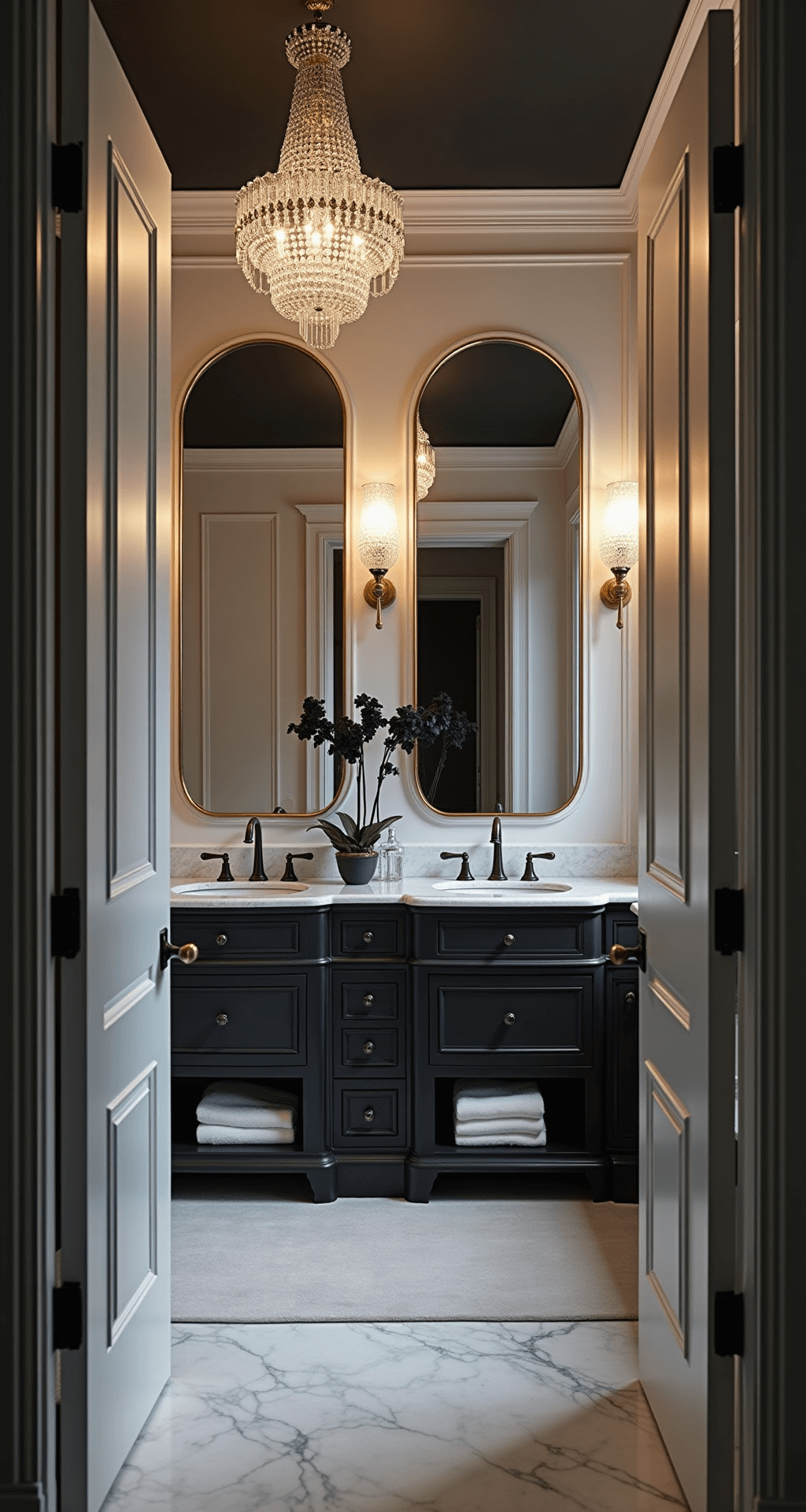 Designing a Stunning Black and White Bathroom: Your Ultimate Guide Moody evening bathroom scene showcasing a dramatic contrast between a black ceiling and white paneled walls, featuring a sparkling crystal chandelier, a marble-topped double vanity, oversized brass-framed mirrors, and a herringbone marble floor, accented with luxe decor items.