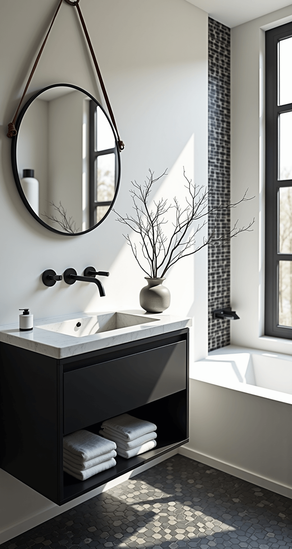 Designing a Stunning Black and White Bathroom: Your Ultimate Guide A modern bathroom with white walls featuring a black grid accent tile, a floating black vanity with a waterfall quartz countertop, a minimalist round mirror suspended by a leather strap, and black hexagon floor tiles, decorated with concrete vessels and sculptural black branches, illuminated by mid-morning light.