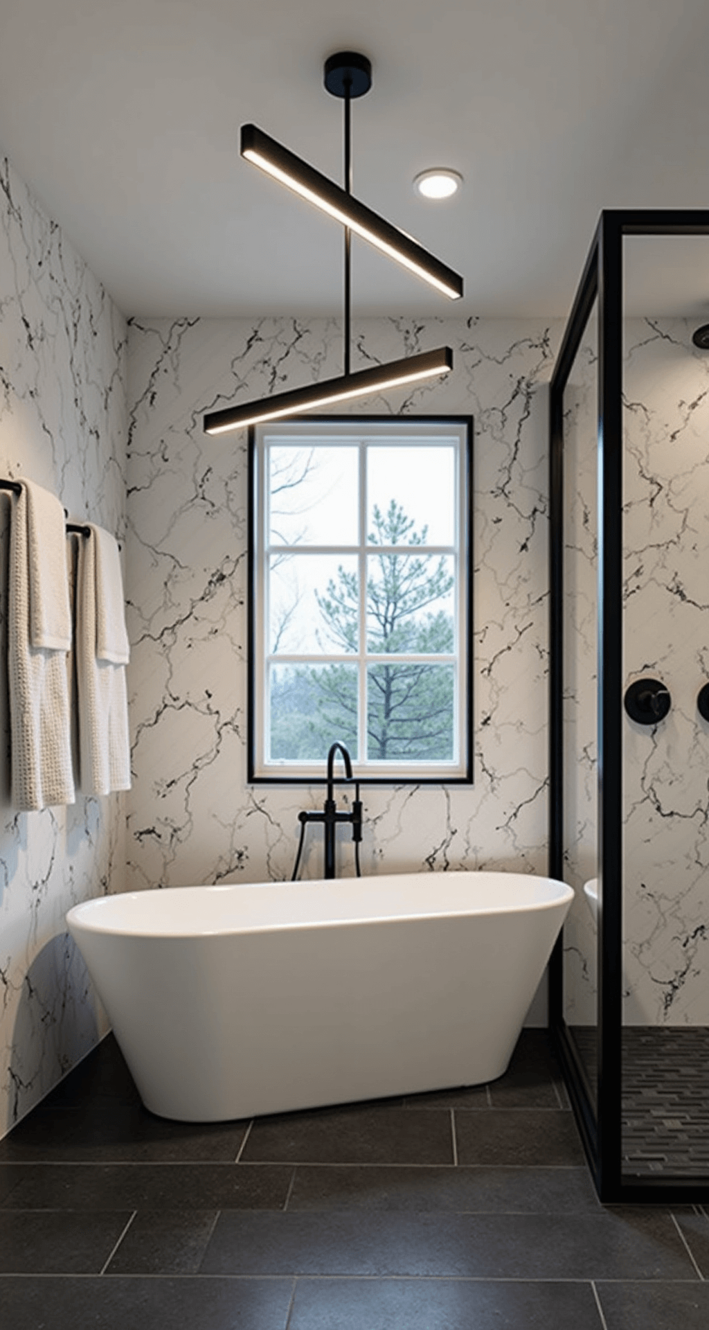 Designing a Stunning Black and White Bathroom: Your Ultimate Guide A luxurious spa-like master bath at dusk featuring a white freestanding tub under a modern black chandelier, black marble veined walls, heated black slate floors, a glass walk-in shower, and elegant black stone accessories.