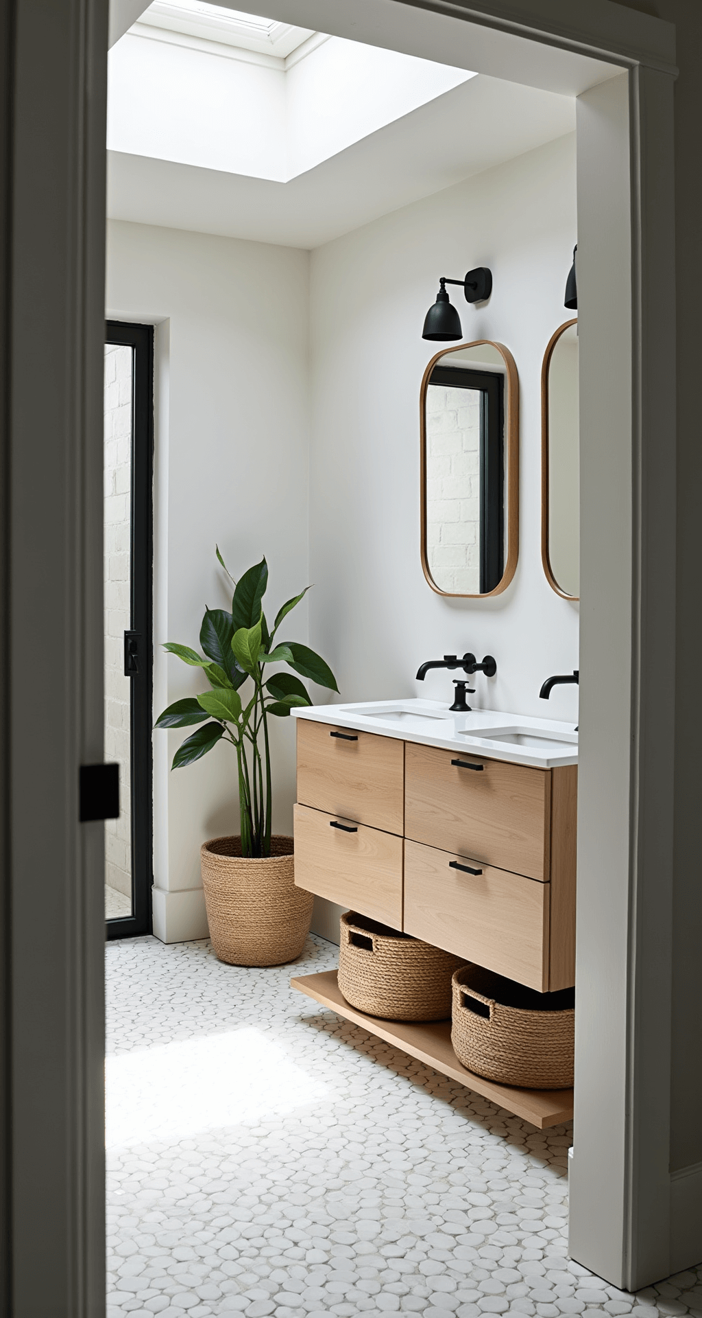Scandinavian-inspired family bathroom featuring a white penny tile floor, matte black shower frame, bleached oak double vanity with honed quartz top, and minimal black hardware, illuminated by natural light from a skylight, with woven seagrass baskets and a thriving peace lily in the corner.