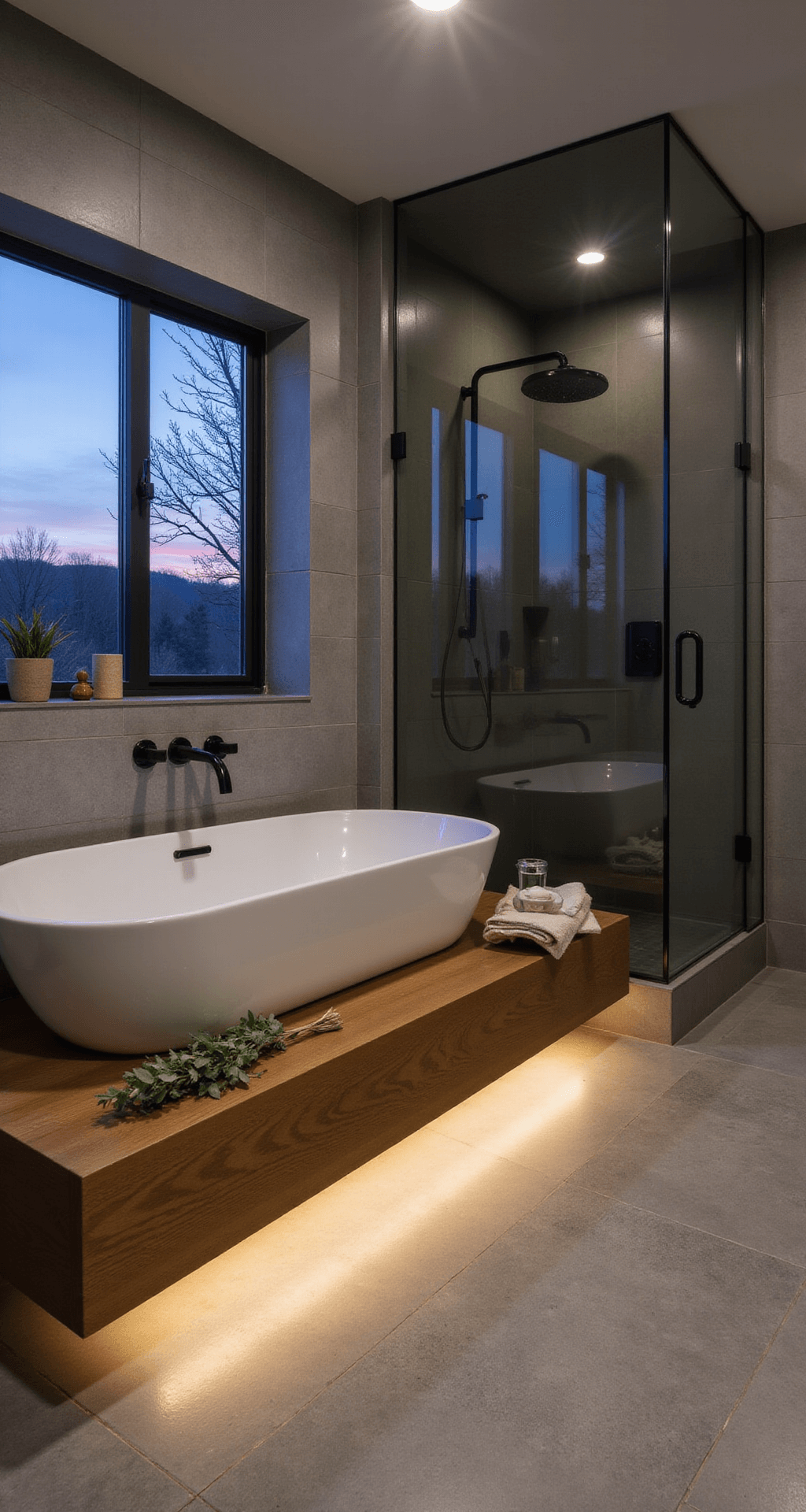 Luxurious spa-like master bath at dusk featuring a soaking tub under a window, warm LED uplighting, gray porcelain tiles, a floating teak bench with soap and eucalyptus, and an oversized rain shower with a smoky glass enclosure.
