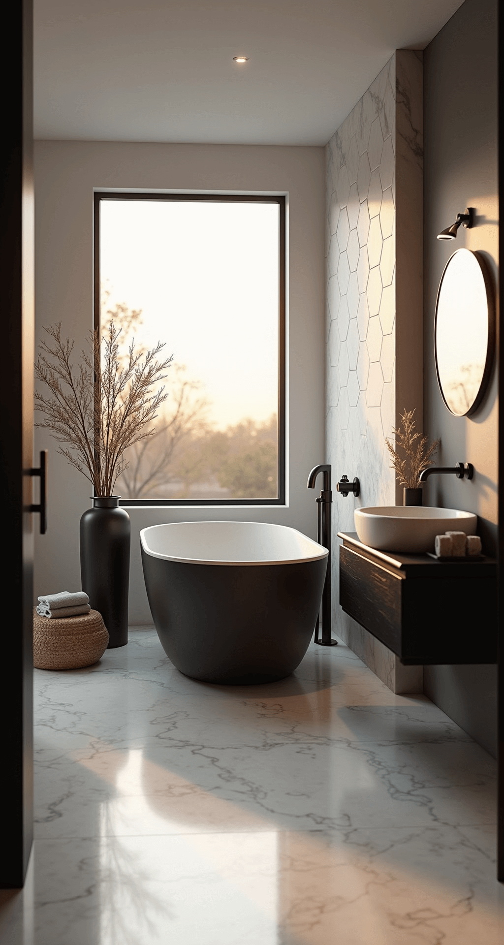 Transforming Your Bathroom: A Modern Aesthetic Decor Guide Luxurious modern bathroom with a freestanding oval tub under a floor-to-ceiling window, captured during golden hour. Warm light illuminates Carrara marble floors, highlighting a matte black floating vanity, circular backlit mirror, and minimal decor with eucalyptus branches. Woven baskets and soft grey Turkish cotton towels add natural texture.