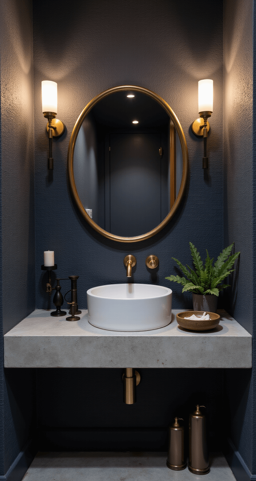Transforming Your Bathroom: A Modern Aesthetic Decor Guide Intimate dusk view of a powder room featuring a brass-framed oval mirror above a concrete vanity, moody wall sconces casting shadows on deep navy grasscloth wallpaper, a white vessel sink with a matte gold faucet, and styled with a ceramic soap dish, a small fern, and geometric candle holders, highlighting rich material contrasts.
