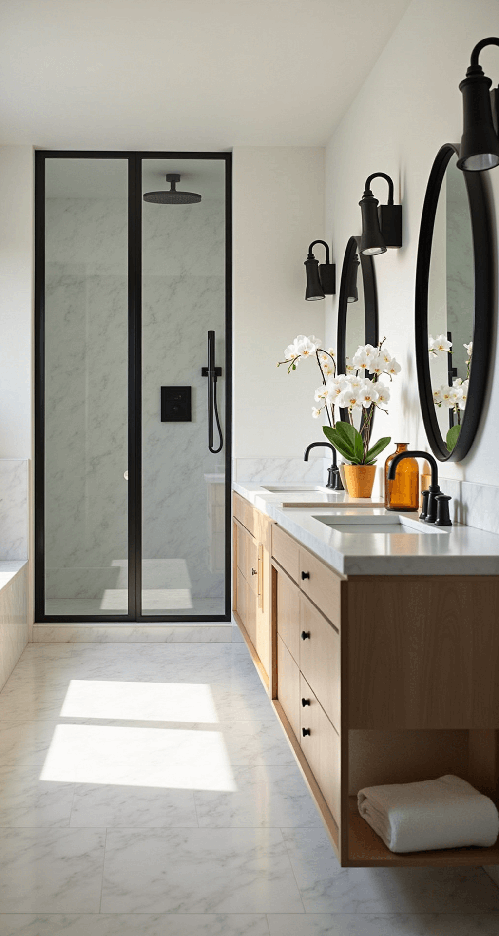 Transforming Your Bathroom: A Modern Aesthetic Decor Guide Brightly lit master bathroom with herringbone marble flooring, glass-enclosed rainfall shower, double bleached oak vanity with oversized round mirrors, modern sconces, and decorative elements like white orchids and amber glass vessels, featuring a neutral palette of warm whites and soft greys.