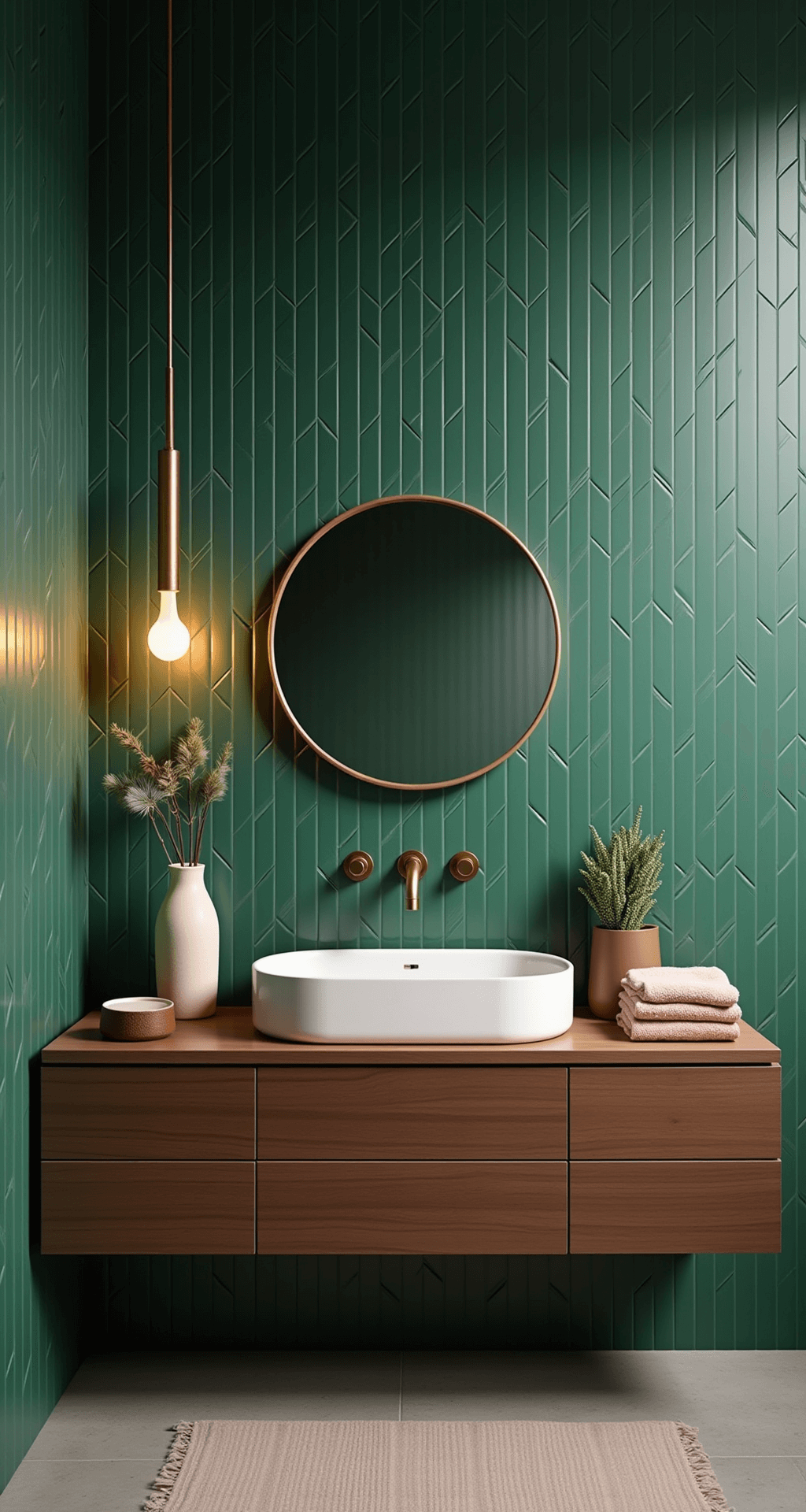 Transforming Your Bathroom: A Modern Aesthetic Decor Guide Evening shot of a guest bathroom featuring an emerald green geometric tile accent wall, low camera angle emphasizing vertical lines, warm light from a brass pendant illuminating a walnut floating vanity with integrated sink, a minimalist round mirror reflecting ambient light, styled with sculptural air plants, cream ceramic accessories, and dusty rose hand towels, blending rich jewel tones with warm woods and metallics.