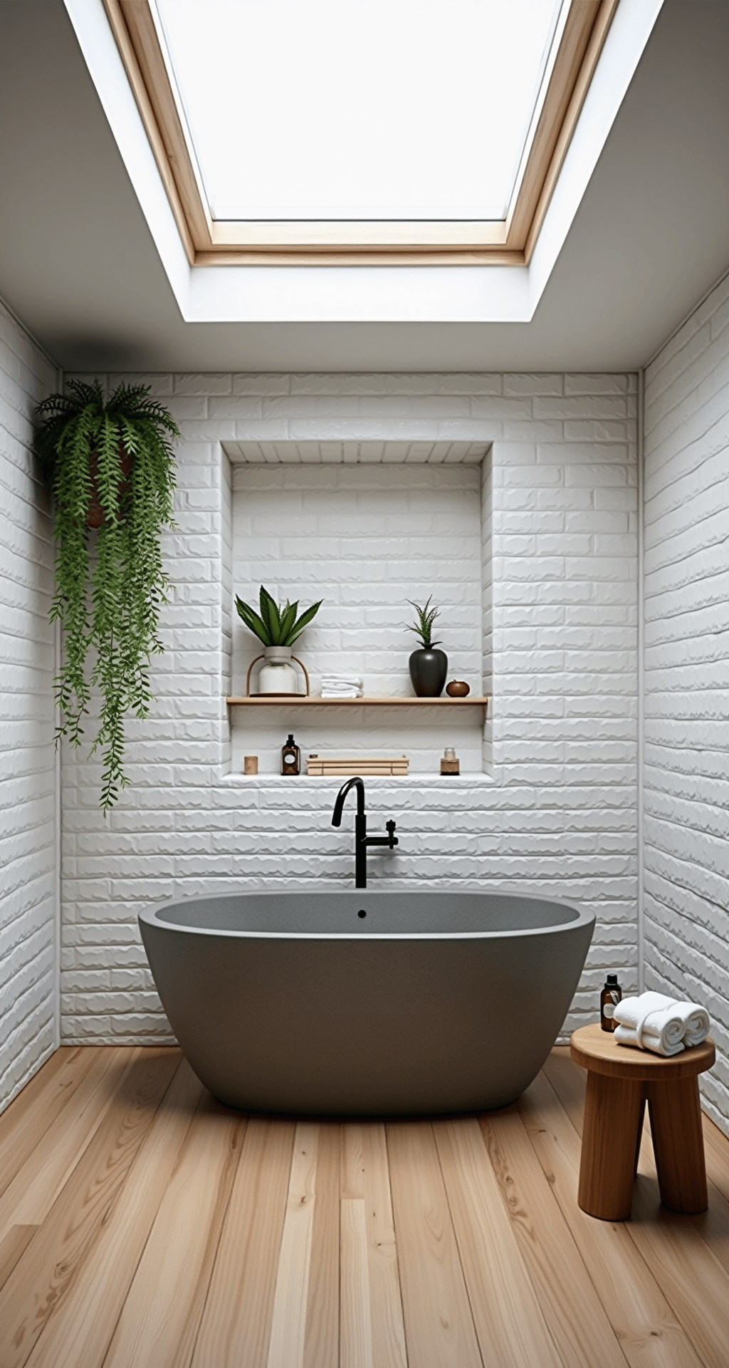 Transforming Your Bathroom: A Modern Aesthetic Decor Guide Overhead view of a spa-inspired bathroom featuring a freestanding stone soaking tub on light oak slat flooring, illuminated by midday natural light from a skylight, with white subway tiles and dark grout as a backdrop, minimal decor including a black metal plant stand with ferns and a wooden stool with essential oils.