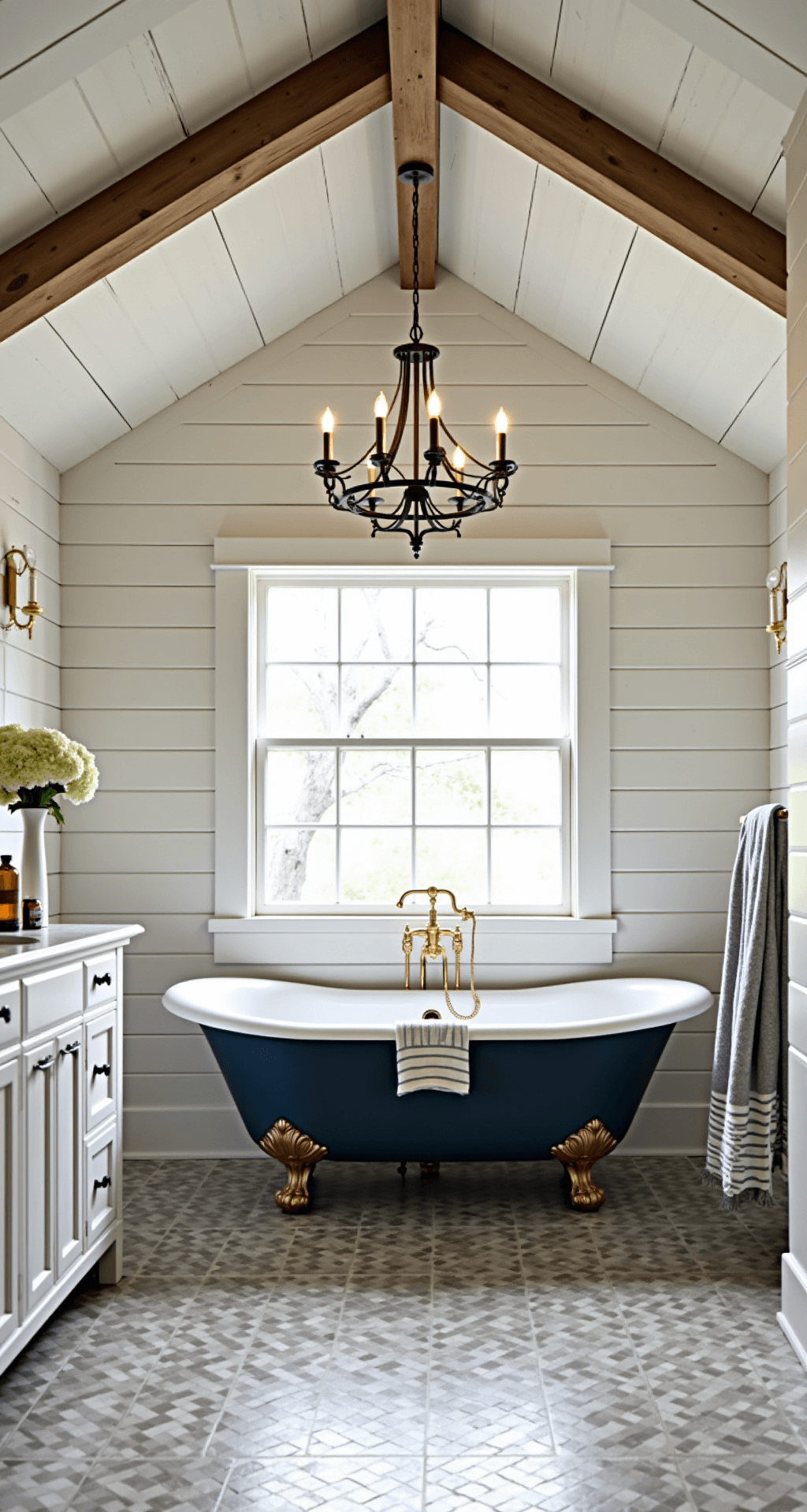 Spacious modern country master bathroom featuring a vaulted shiplap ceiling, a navy blue clawfoot tub under a vintage chandelier, a weathered white farmhouse vanity with a marble top, and a warm grey herringbone tile floor, styled with vintage apothecary bottles, fresh hydrangeas, and striped Turkish towels, captured in morning light with a wide-angle perspective.