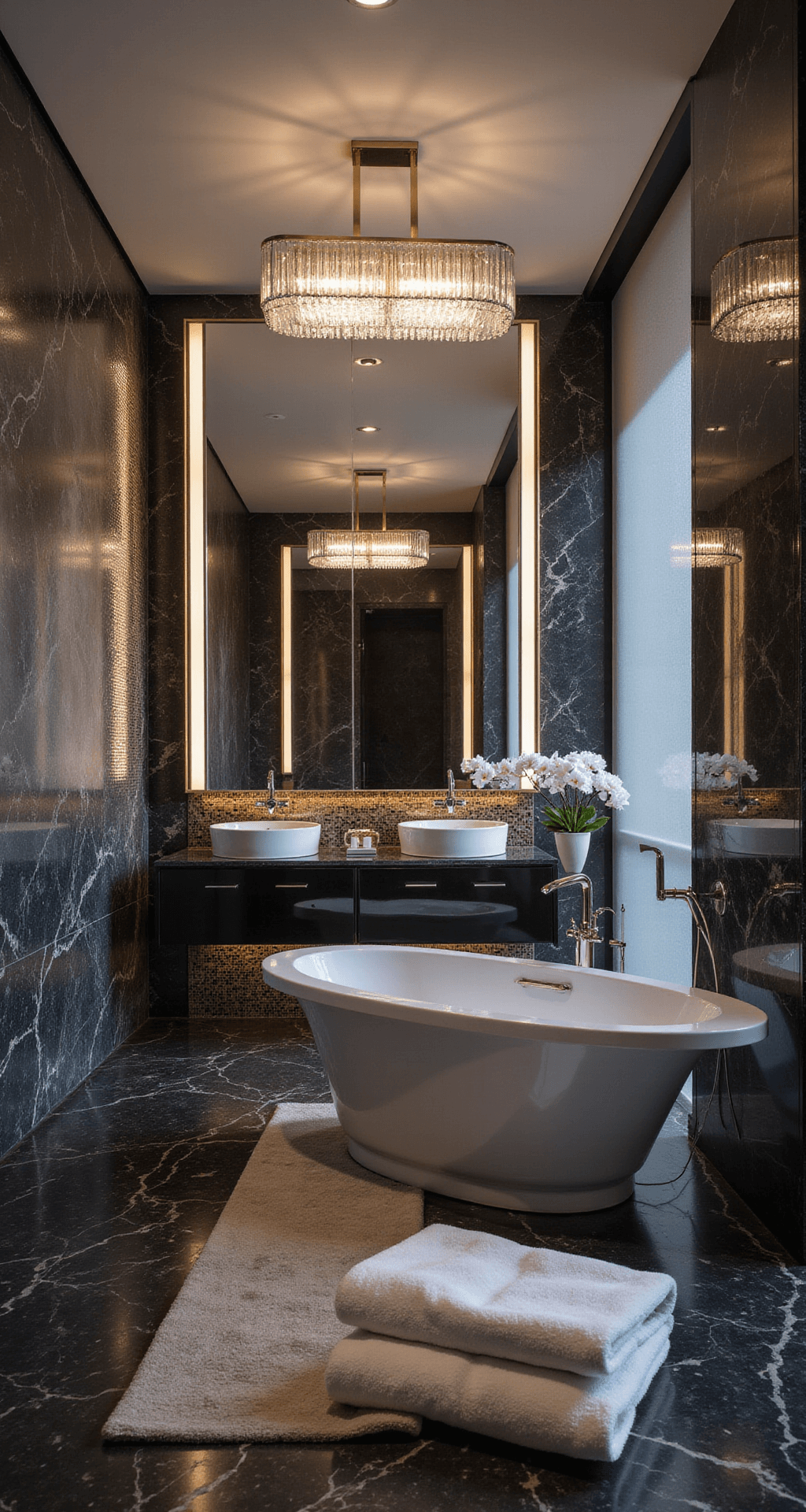 Oversized contemporary bathroom featuring floating mirrors, a double vanity in high-gloss charcoal, expansive marble slab walls, and a freestanding oval tub against a metallic mosaic accent wall, all illuminated by a linear crystal chandelier, with black granite floors and plush white towels.