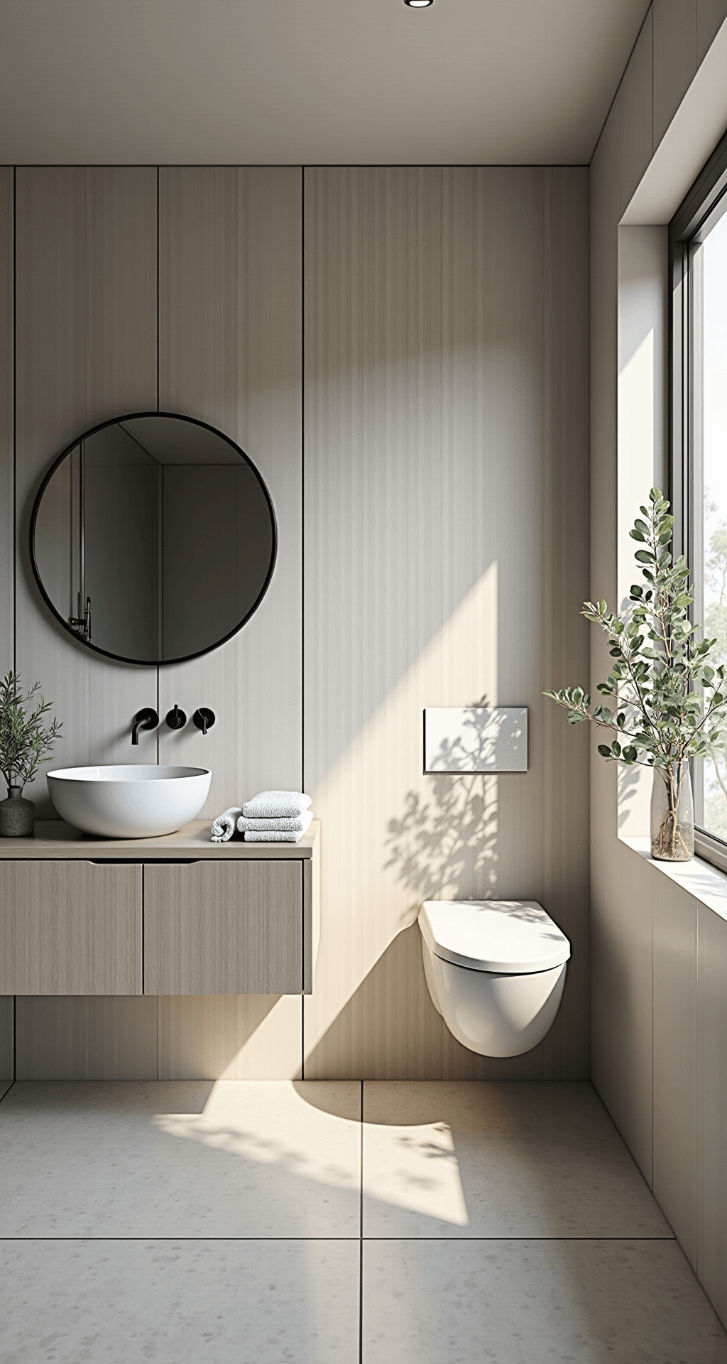 Minimalist Scandinavian spa retreat bathroom featuring whitewashed oak paneling, large-format concrete tiles, frameless glass shower, pale ash wood floating vanity, round oversized mirror with integrated lighting, and black matte hardware, styled with white waffle towels, eucalyptus branches, and natural stone accessories.