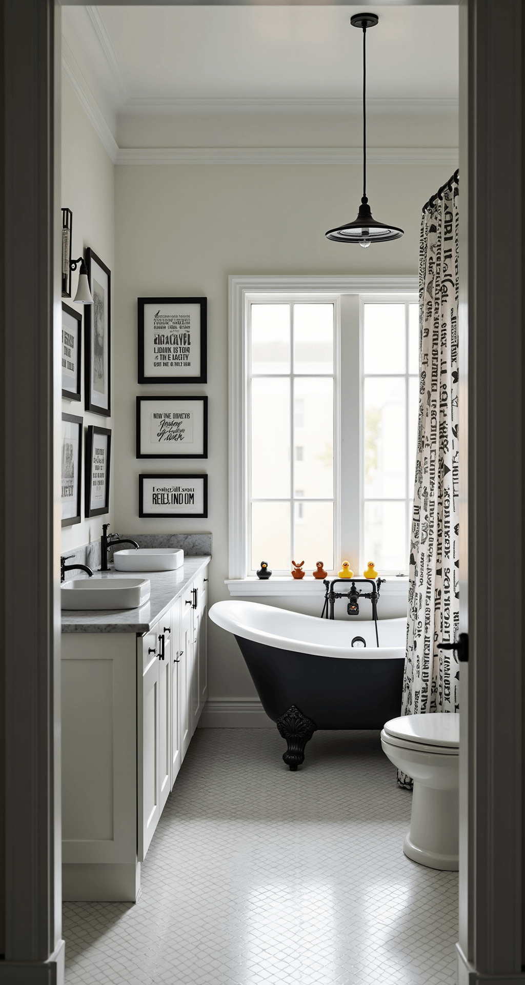 A modern bathroom with high ceilings and morning sunlight filtering through a frosted window, featuring white walls adorned with black-framed humorous typography prints. The space includes matte black fixtures, a marble countertop with a vessel sink, and a vintage clawfoot tub with a graphic shower curtain. A quirky collection of rubber ducks is displayed on the window sill, casting playful shadows, and the angle captures the whole room from the entrance with pendant lighting enhancing the natural light.