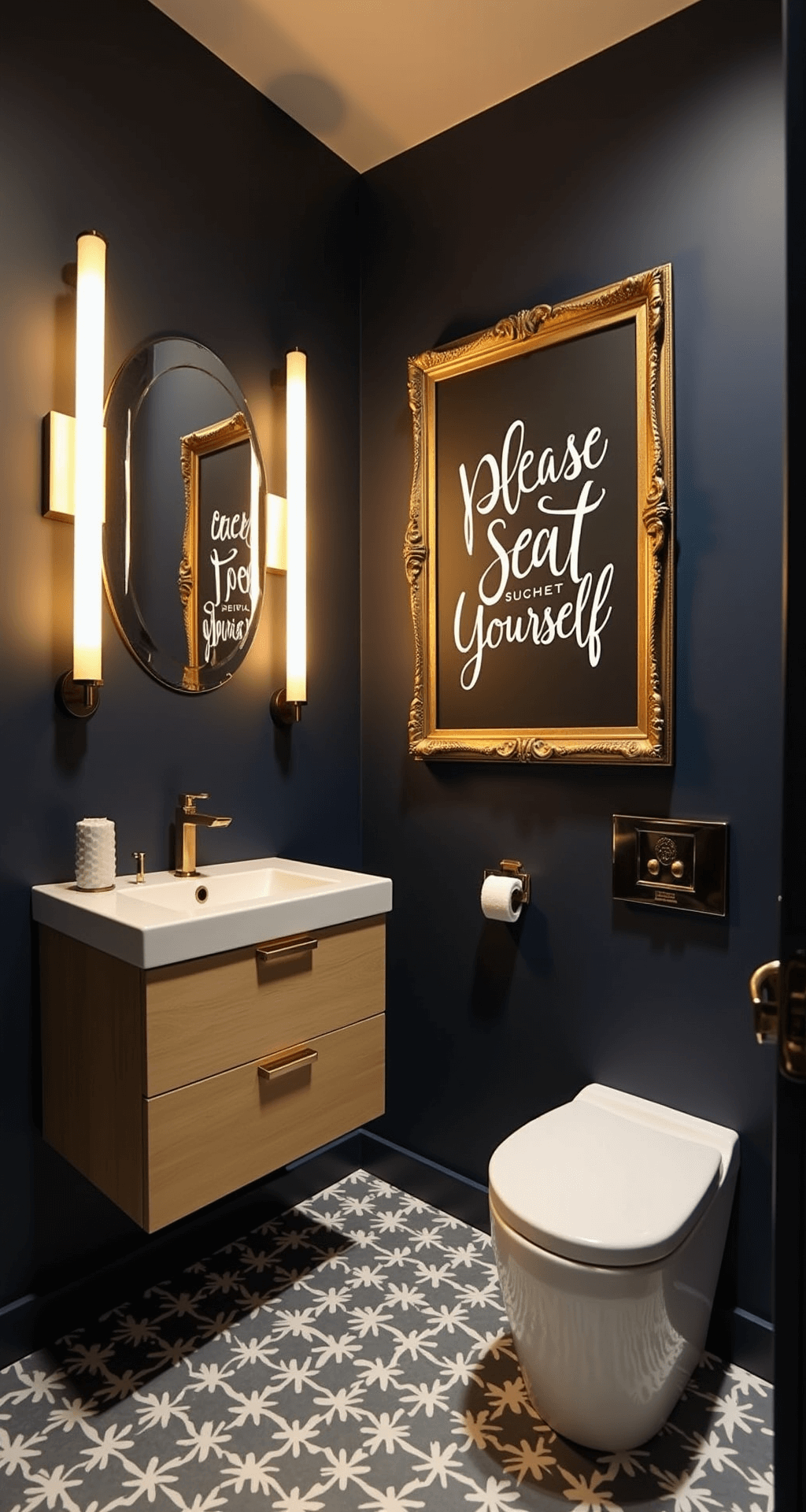 Compact powder room with navy blue walls and warm LED sconces, featuring a large gold-framed sign with 'Please Seat Yourself' in white script, a modern blonde wood floating vanity with brass hardware, and whimsical gray and white geometric floor tiles, captured from a low angle near the sink with reflection in an oversized round mirror, exuding a sophisticated yet playful mood.
