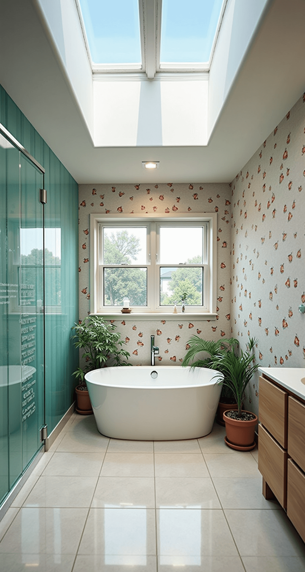Spacious master bathroom with skylights creating natural light, featuring a freestanding soaking tub and oversized shower. The neutral color palette includes pops of turquoise, while a feature wall displays waterproof vinyl decals of cartoon characters in amusing poses. Potted plants accentuate the spa-like atmosphere, captured from a wide-angle corner perspective.