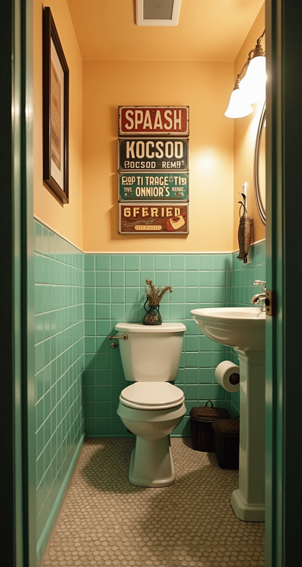 Family bathroom featuring retro-inspired design with mint green tile wainscoting, warm sunset lighting, asymmetrically arranged vintage bathroom humor signs, penny tile flooring with a custom 'SPLASH' mosaic near the sink, and chrome fixtures accented with playful dinosaur-themed accessories. Image captured straight-on from the doorway.