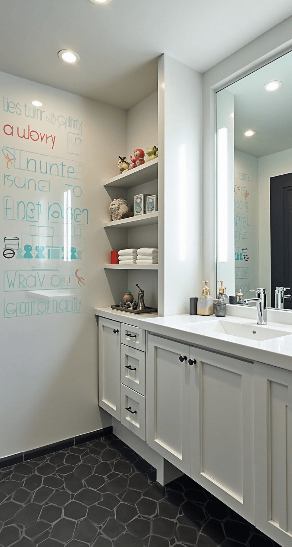 Contemporary guest bathroom with a minimalist white and gray design, featuring recessed LED lighting, a floor-to-ceiling mirror wall with modern typography quotes, floating shelves with quirky sculptures and soap dispensers, and matte black hexagon floor tiles, captured from a 45-degree angle.