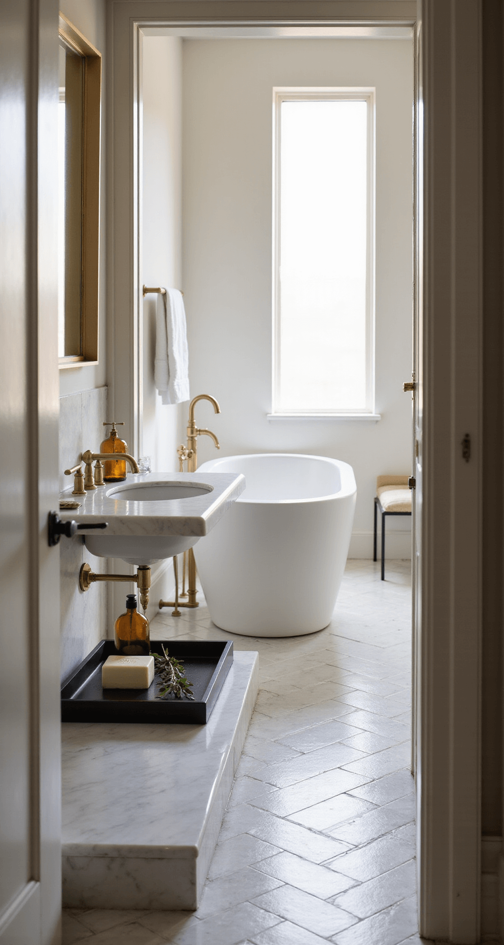 A sunlit master bathroom featuring herringbone marble floors and a freestanding tub, viewed from the doorway at eye level. The minimalist white marble vanity with a matte black tray holds artisanal soap, a eucalyptus sprig, and amber glass containers. Natural light filters through a frosted window, creating soft shadows, while brass fixtures reflect the light. The color palette includes cream, white, soft grey, and matte black, with a serene luxury mood captured in shallow depth of field focusing on the tray.
