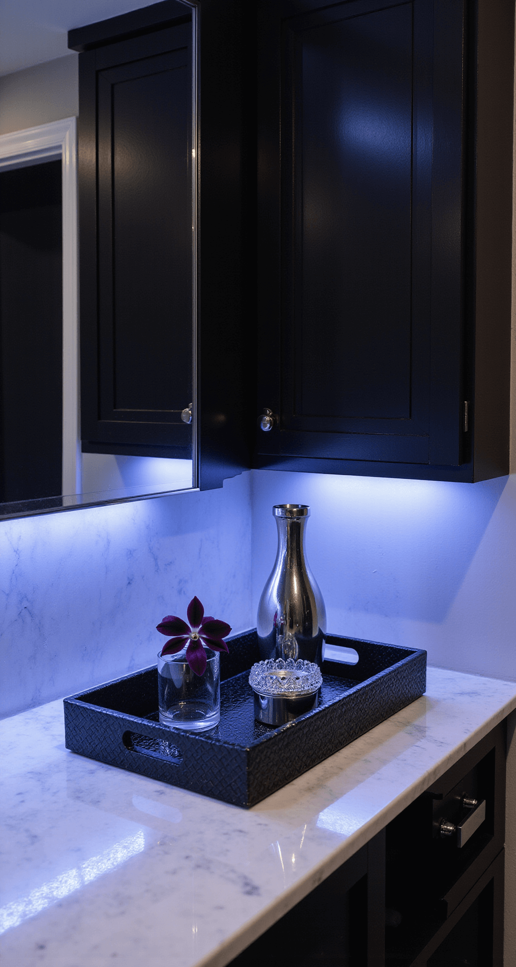A modern luxe bathroom corner vignette capturing twilight blue hour lighting, featuring a geometric black metal tray on a white quartz counter styled with a silver aromatherapy diffuser, a crystal decanter, and a black orchid. LED under-cabinet lighting highlights dramatic shadows, creating a moody atmosphere with reflections on metallic surfaces, accented with deep black, bright white, silver, and purple tones.