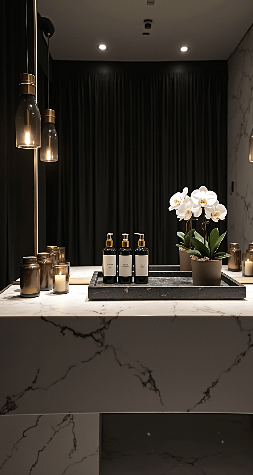 Dramatic low-angle bathroom scene featuring a large marble vanity with an illuminated mirror, styled with black stone tray, gold-rimmed apothecary bottles, a white orchid, and smoky glass candle holders, illuminated by spotlighting from pendant lights, showcasing stark white, deep black, and brushed gold colors in a luxurious high-contrast setting.