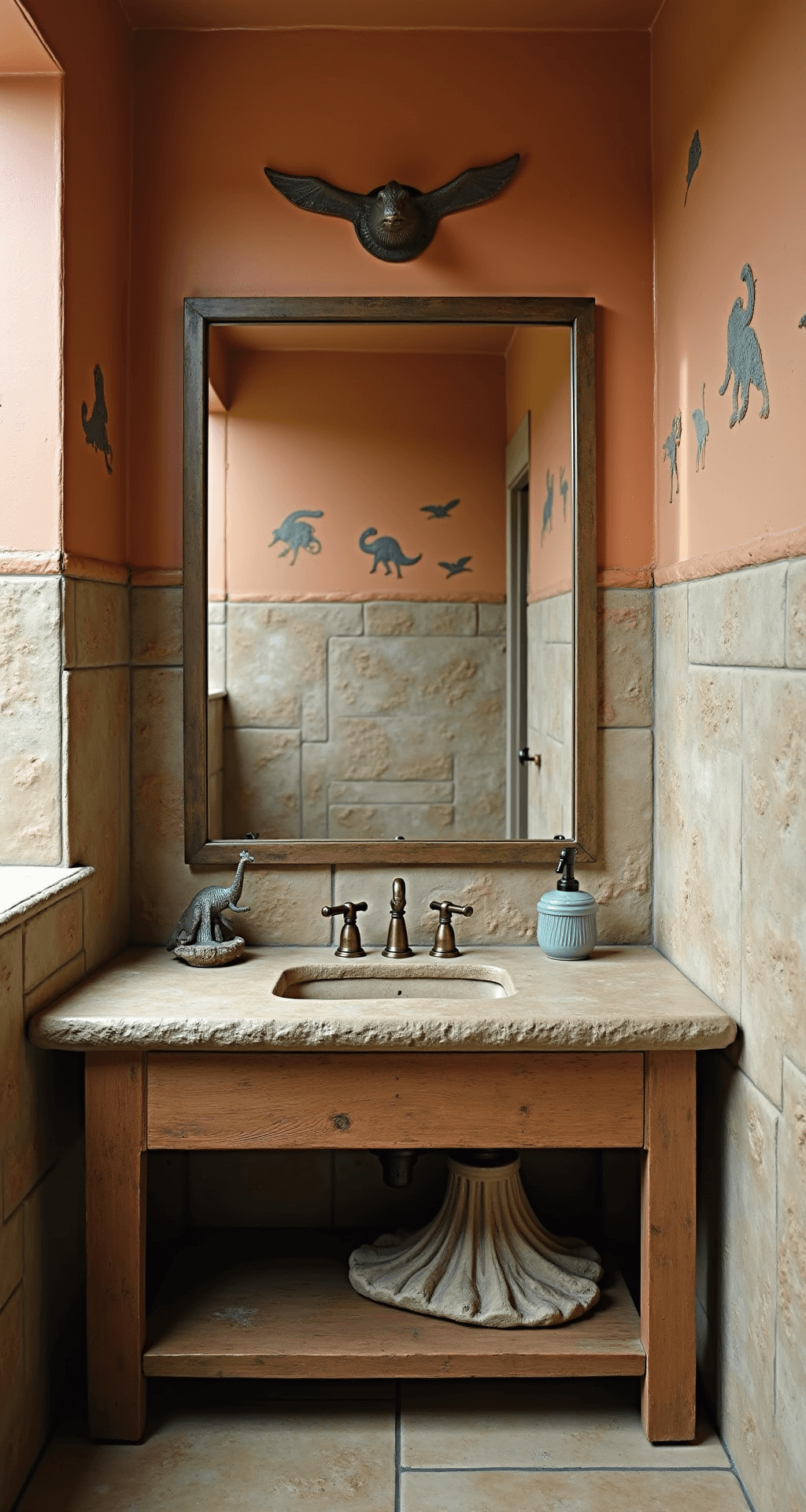 A dinosaur-themed bathroom featuring terra cotta and sage walls with fossil imprints, a rustic wood vanity with a stone countertop, pterodactyl towel hooks, a volcano-shaped soap dispenser, and neutral-toned geological tile work, illuminated by morning light.
