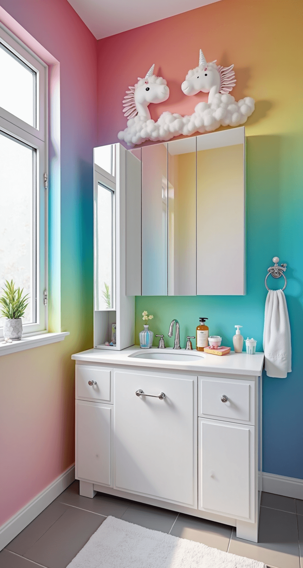 A vibrant 9'x10' rainbow fantasy bathroom featuring a gradient wall treatment in spectrum colors, crystal cabinet pulls casting prismatic reflections, unicorn-themed accessories in pearlescent finishes, cloud-shaped storage in white and silver, and soft pastel textiles, all illuminated by high-key lighting for an ethereal effect.