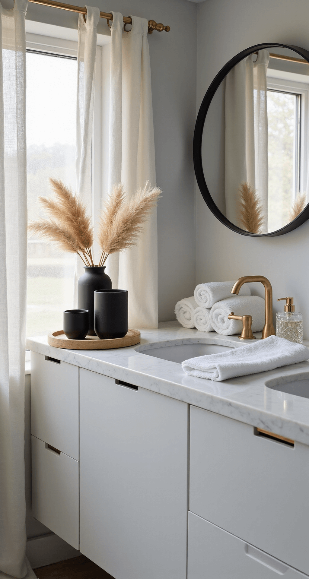 A modern minimalist bathroom featuring a white marble double vanity, large floor-to-ceiling window, and natural light filtering through sheer curtains, with pampas grass in black vessels, a round mirror, and neatly rolled towels on a wooden tray.