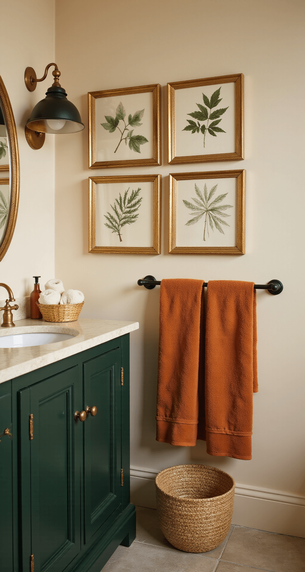 Intimate powder room with cream walls and botanical prints, featuring a deep forest green vanity with brass hardware, cream quartz top, ochre and terracotta Turkish hand towels, and a woven basket of rolled towels, all bathed in warm golden hour lighting.