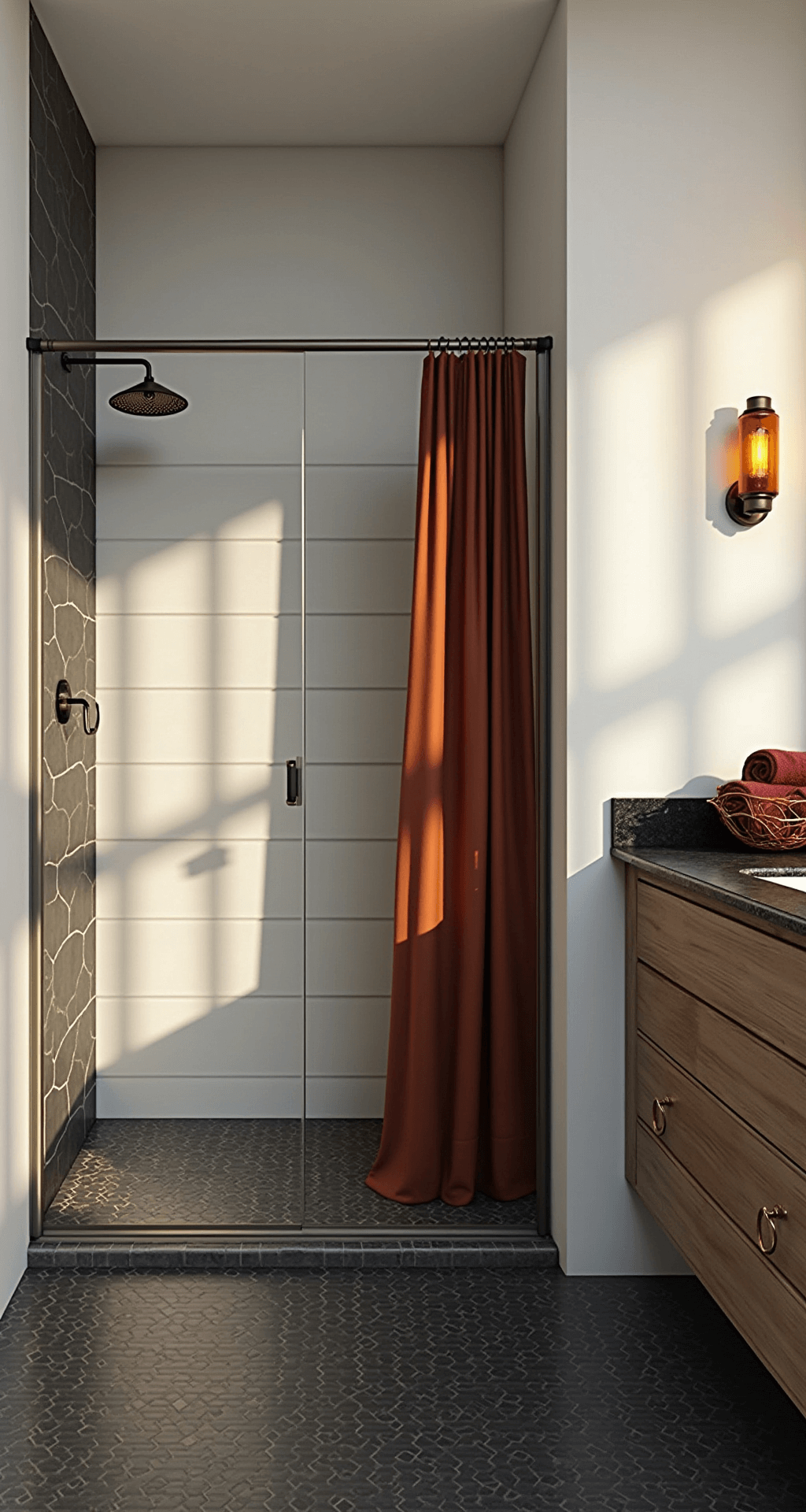 Contemporary guest bathroom featuring charcoal hexagon floor tiles, warm white walls, and a glass shower with a rust-colored curtain, a weathered oak floating vanity topped with black granite, a copper basket of burgundy towels, and warm amber glass sconces casting dramatic shadows in afternoon light.