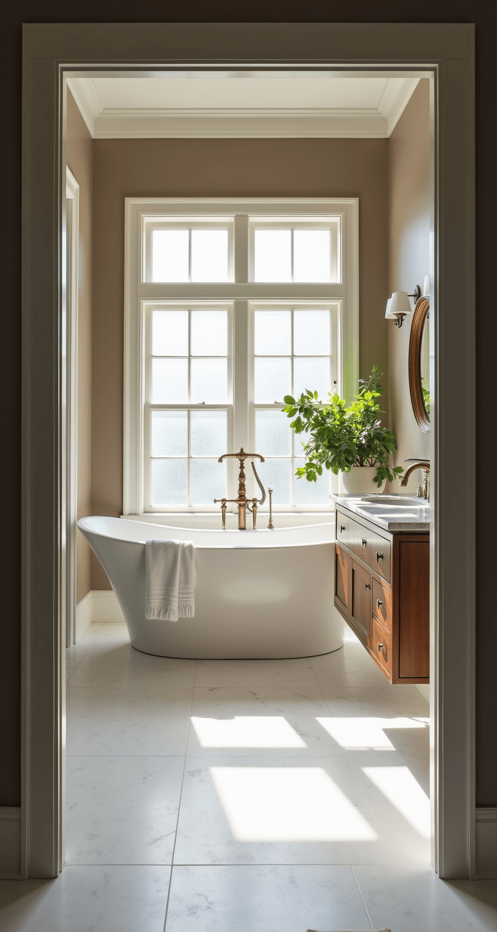 A sunlit master bathroom featuring a freestanding oval soaking tub under a frosted window, with Carrara marble floors and walls painted Benjamin Moore 'Swiss Coffee'. A brass-framed mirror is above a walnut vanity, accompanied by white Turkish towels and potted eucalyptus, captured from the door threshold with a wide-angle view.