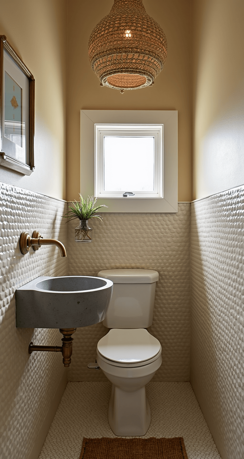 A cozy powder room featuring handmade ivory zellige tiles on the lower walls, upper walls painted in Farrow & Ball 'Elephant's Breath', a vintage brass faucet over a concrete sink, a rattan pendant light casting intricate shadows, and a natural jute rug. The image is taken from a low corner angle, highlighting the texture and height, with soft afternoon light filtering through a small window.