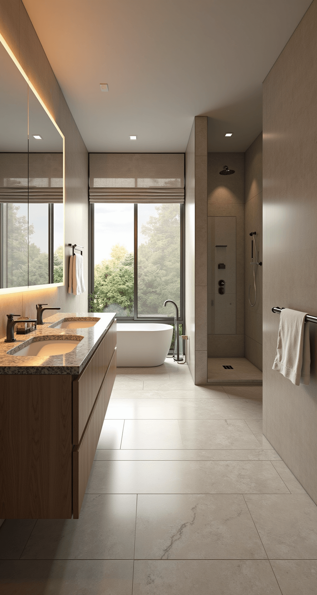 Modern ensuite bathroom featuring greige floor-to-ceiling limestone tiles, a floating double vanity in bleached oak with honed granite, an oversized rectangular mirror with LED backlight, a glass walk-in shower with a rain head and handheld fixture, and a textured linen roman shade, all captured in warm golden hour lighting.