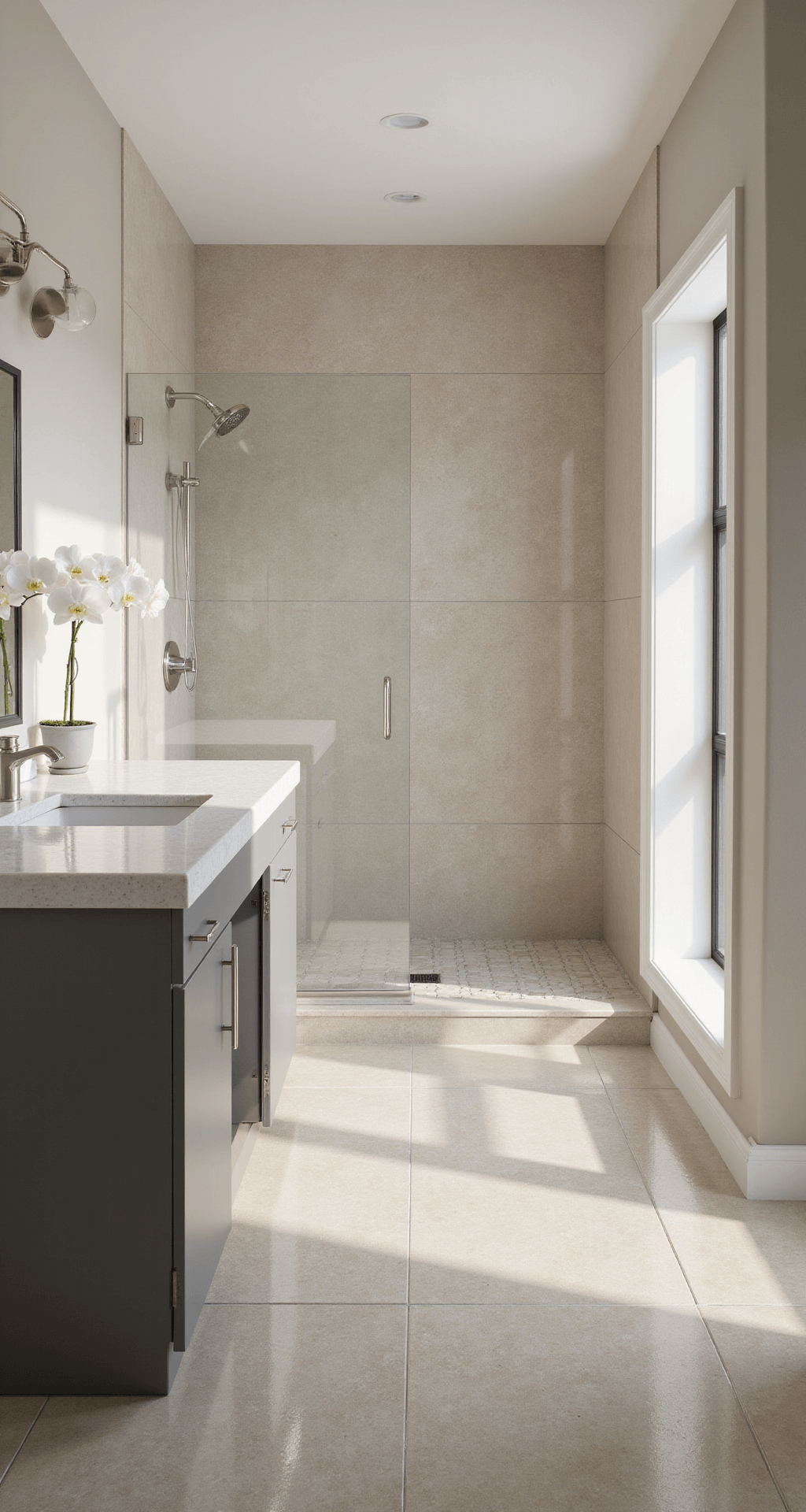 Contemporary minimal bathroom featuring sandy beige large-format porcelain tiles, a dove gray wall-mounted vanity with a waterfall quartz countertop, brushed nickel fixtures, a frameless glass shower, and a white orchid, captured from an elevated angle in diffused midday light.