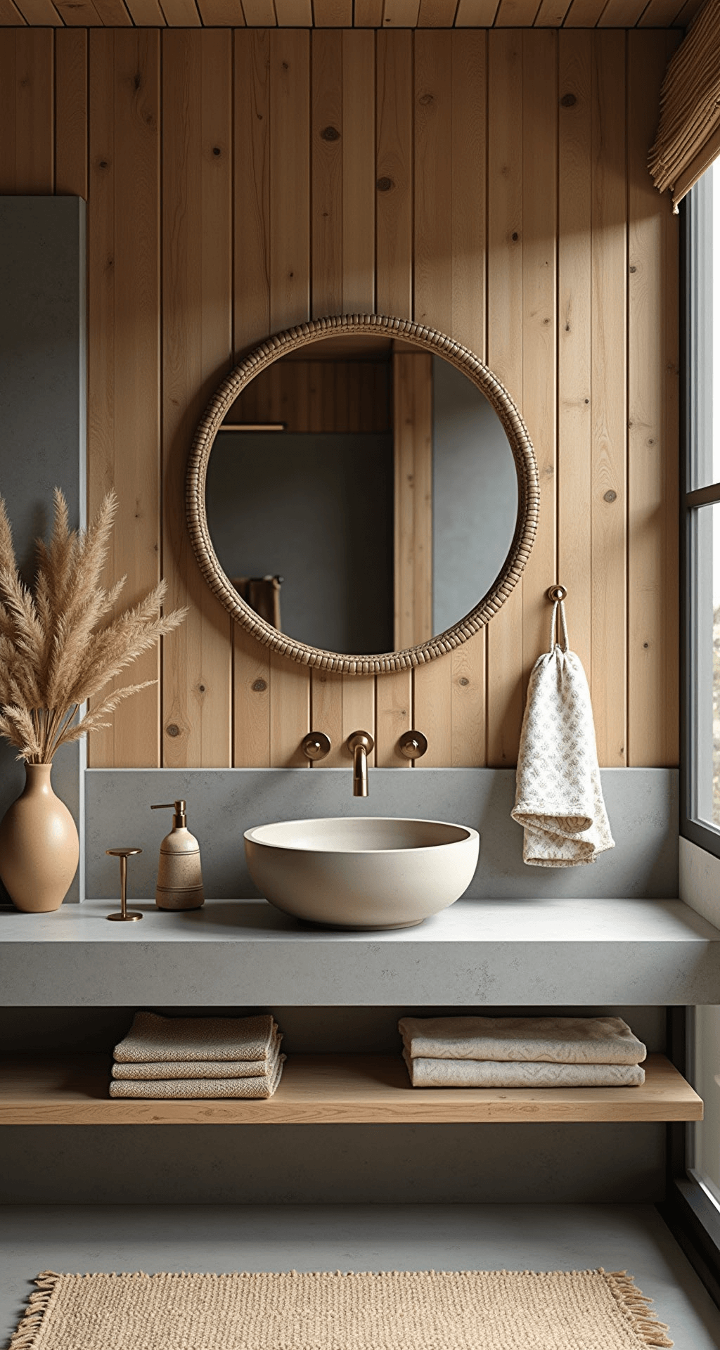 A rustic-modern bathroom featuring a reclaimed wood accent wall and warm gray microcement surfaces, with a floating concrete sink and a wall-mounted brushed brass faucet. A round rattan mirror hangs above, while handwoven Turkish towels in cream and sand tones complement the decor. A clay vase with dried pampas grass adds a natural touch, all captured in soft, warm late afternoon light.