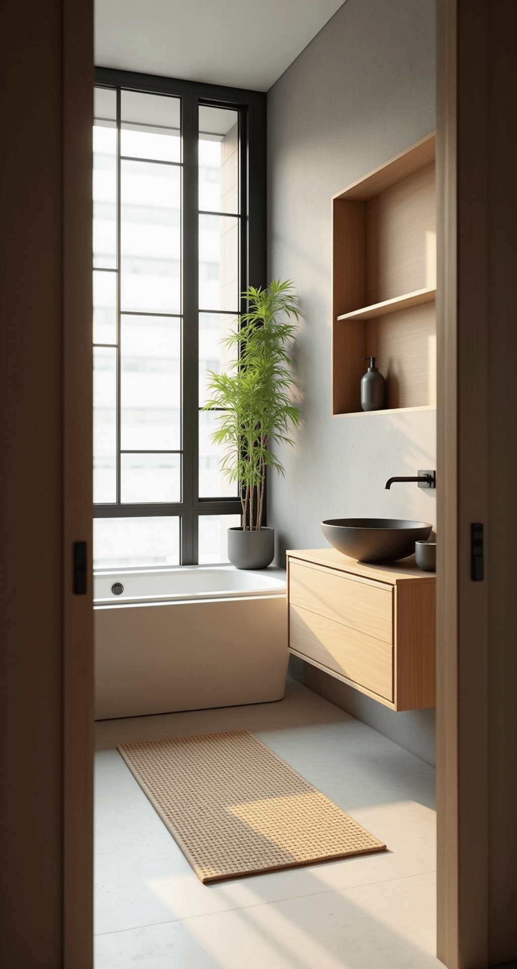 An inviting urban zen bathroom featuring a matte white Japanese soaking tub, warm teak floor mat, and large-format limestone tiles, illuminated by early morning light through a floor-to-ceiling window with privacy film. The space includes wall-mounted storage in bleached oak, a stone vessel sink on a floating vanity, and a potted bamboo plant, captured from the doorway with a tilt-shift lens to highlight architectural details.