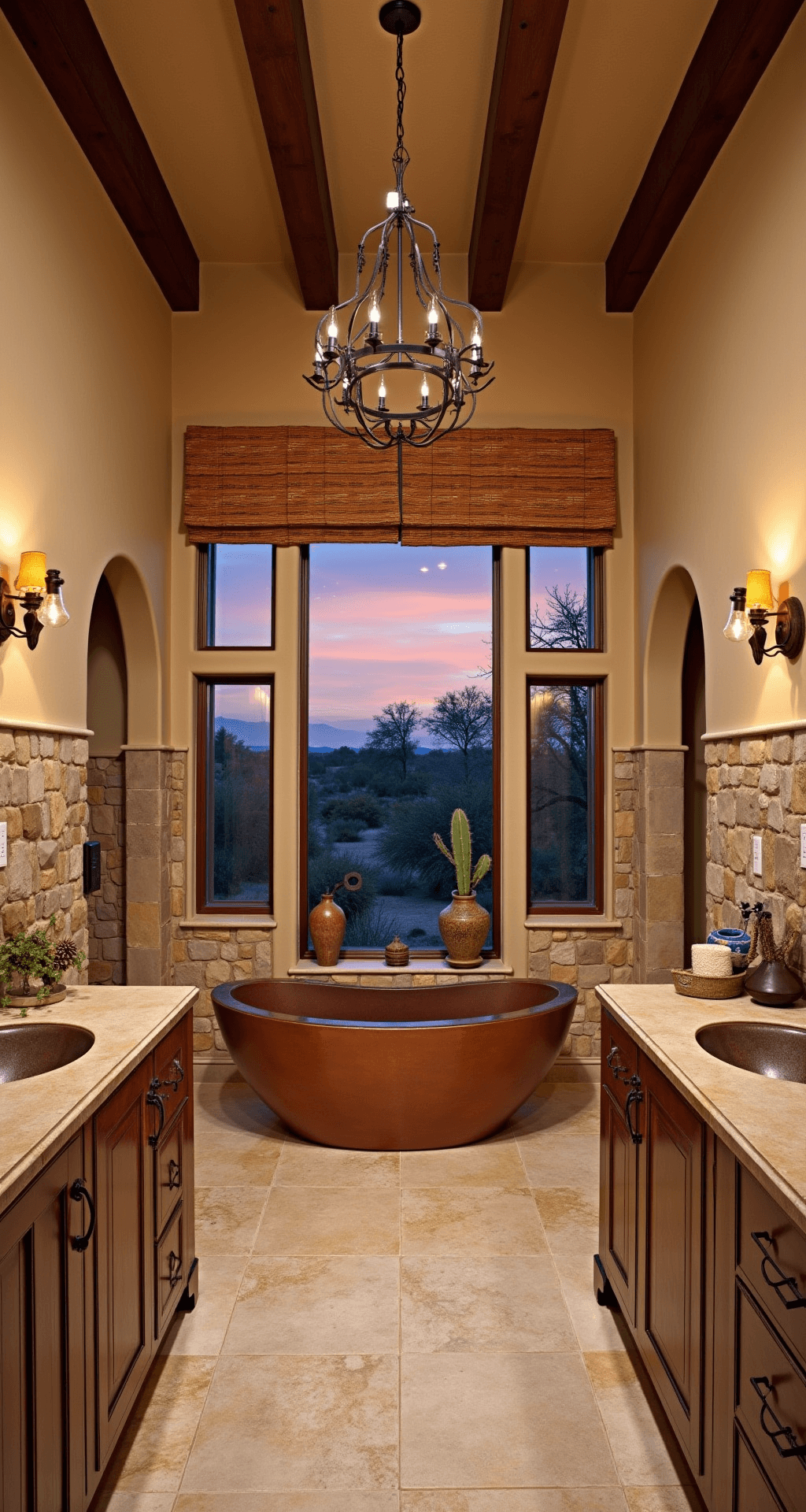 Expansive desert oasis master bath featuring a freestanding copper soaking tub under an iron chandelier, sandstone-look tile walls, heated travertine floors, custom alder wood double vanity with leather-wrapped mirrors, sunset-colored window treatments, and decor including Navajo textile art and cacti, captured at dusk.