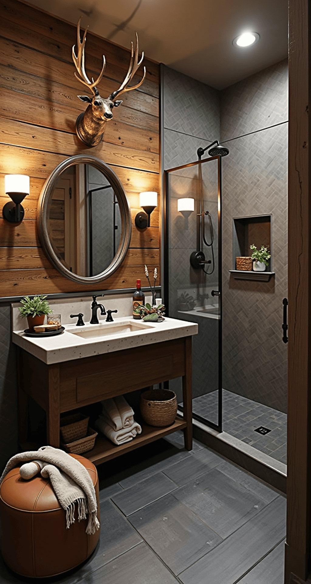 A lodge-inspired bathroom featuring a reclaimed timber accent wall with a brass elk head above a stone-topped vanity, an iron-framed shower with a rainfall head, charcoal slate flooring, and a leather ottoman, styled with vintage fishing gear, woven baskets, and a wool throw, captured during blue hour for dramatic effect.